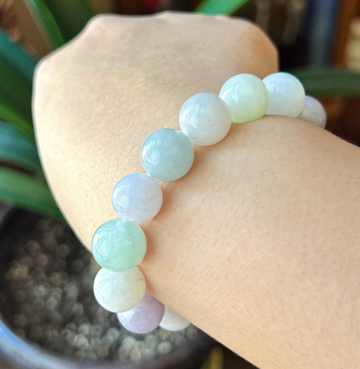 Natural Jadeite Beaded Bracelet, Burmese Type A Translucent Fine Glutinous Icy Pastel Macaron Multicolor Jade, 12.5mm