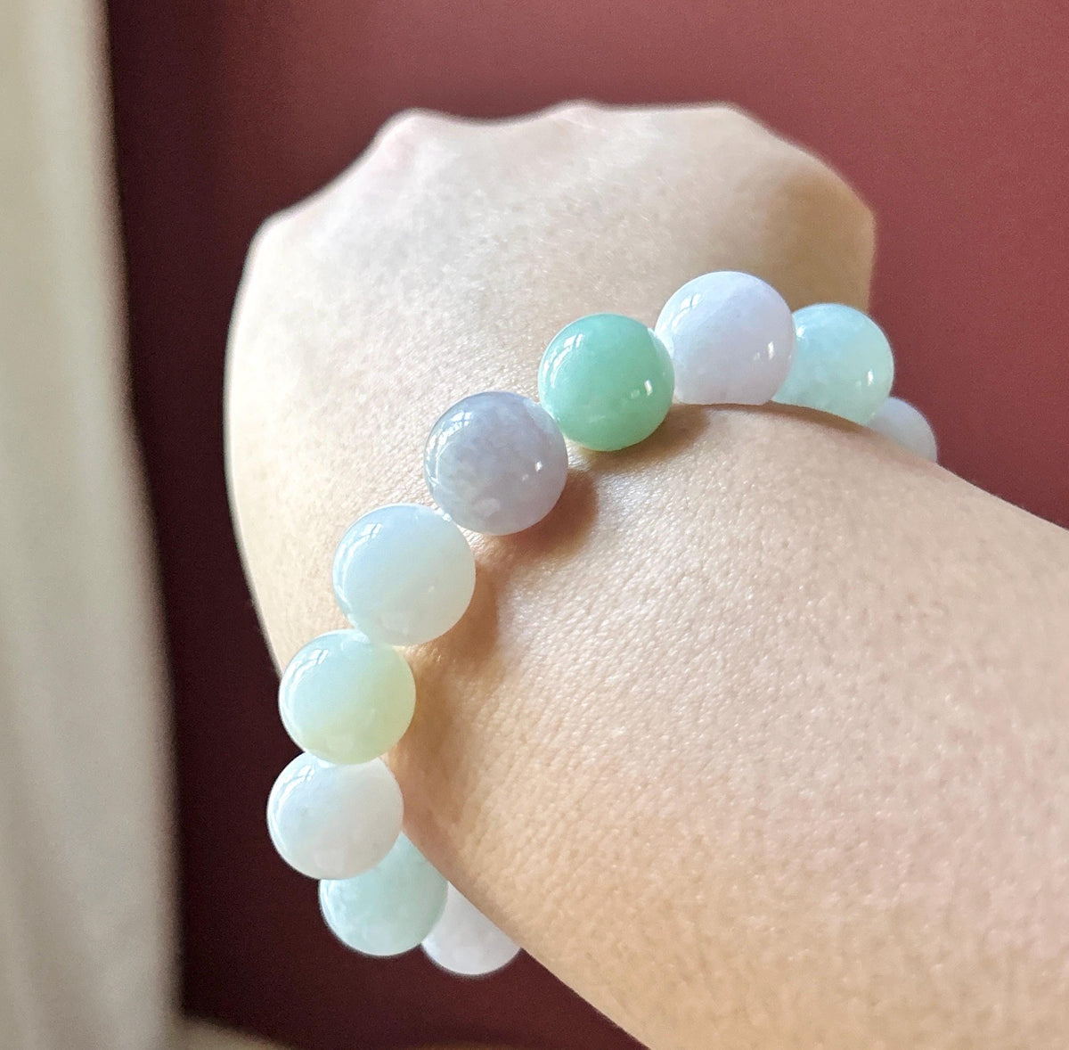 Natural Jadeite Beaded Bracelet, Burmese Type A Translucent Fine Glutinous Icy Pastel Macaron Multicolor Jade, 12.5mm