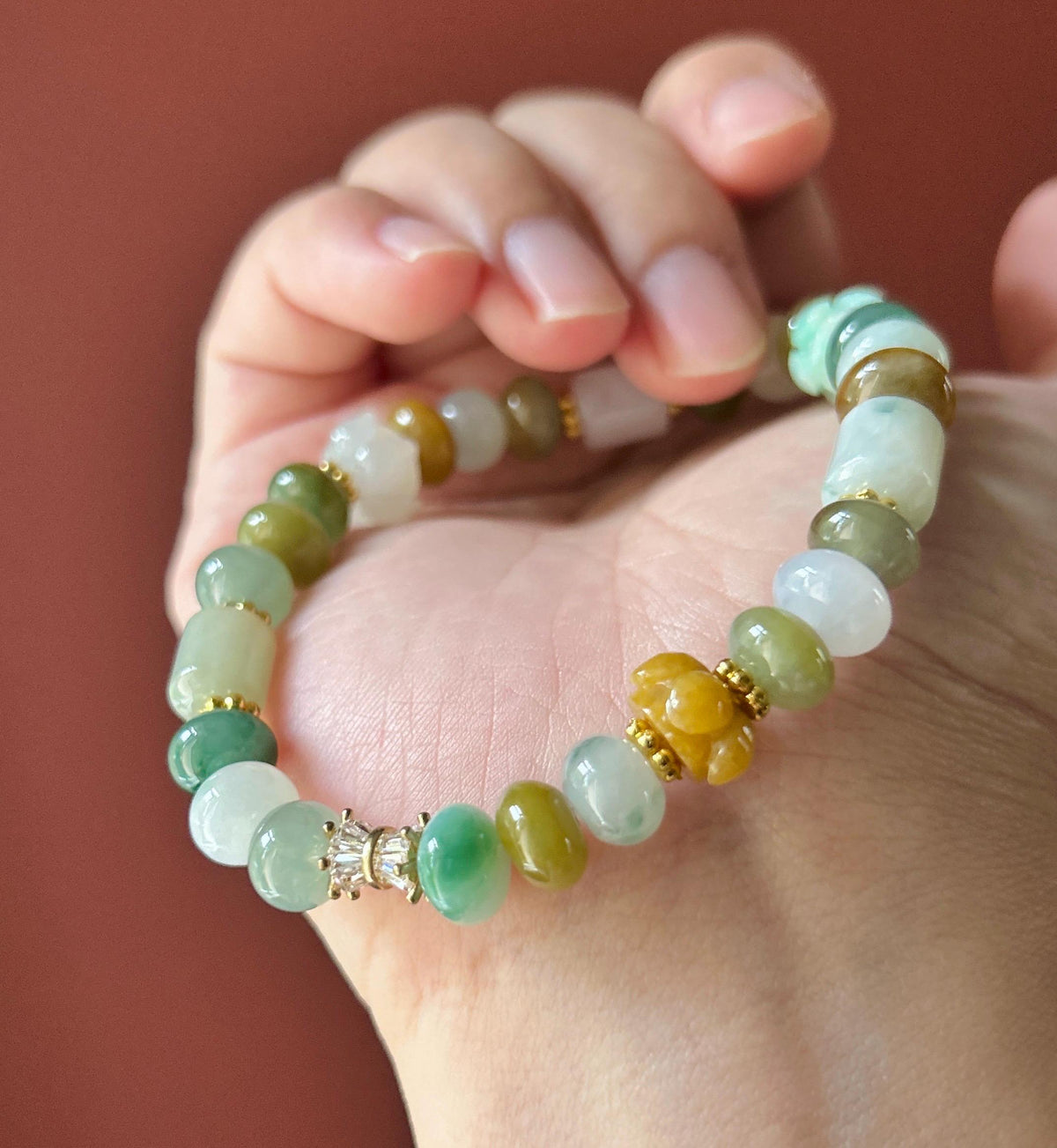 Natural Jadeite Beaded Bracelet, Burmese Type A Untreated Translucent Icy Glutinous Autumn Palette Multicolor Mixed Shape Jade Beads, 8-10mm