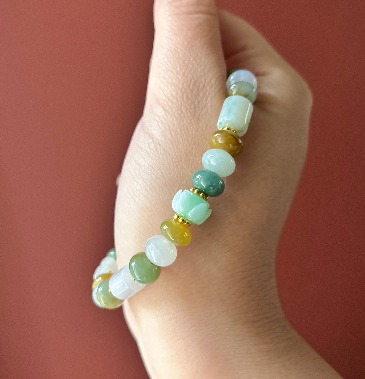 Natural Jadeite Beaded Bracelet, Burmese Type A Untreated Translucent Icy Glutinous Autumn Palette Multicolor Mixed Shape Jade Beads, 8-10mm