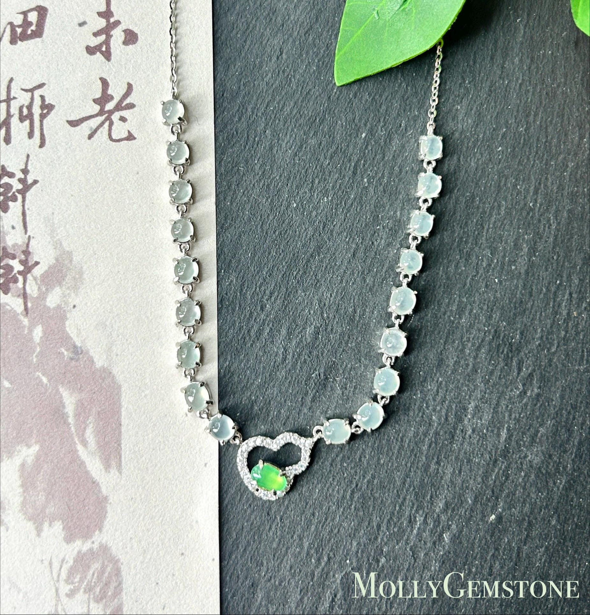 Certified Natural Jadeite Cabochon Hulu Necklace, Burmese Type A Highly Translucent Icy White & Vivid Green Jade, 925 Sterling Silver