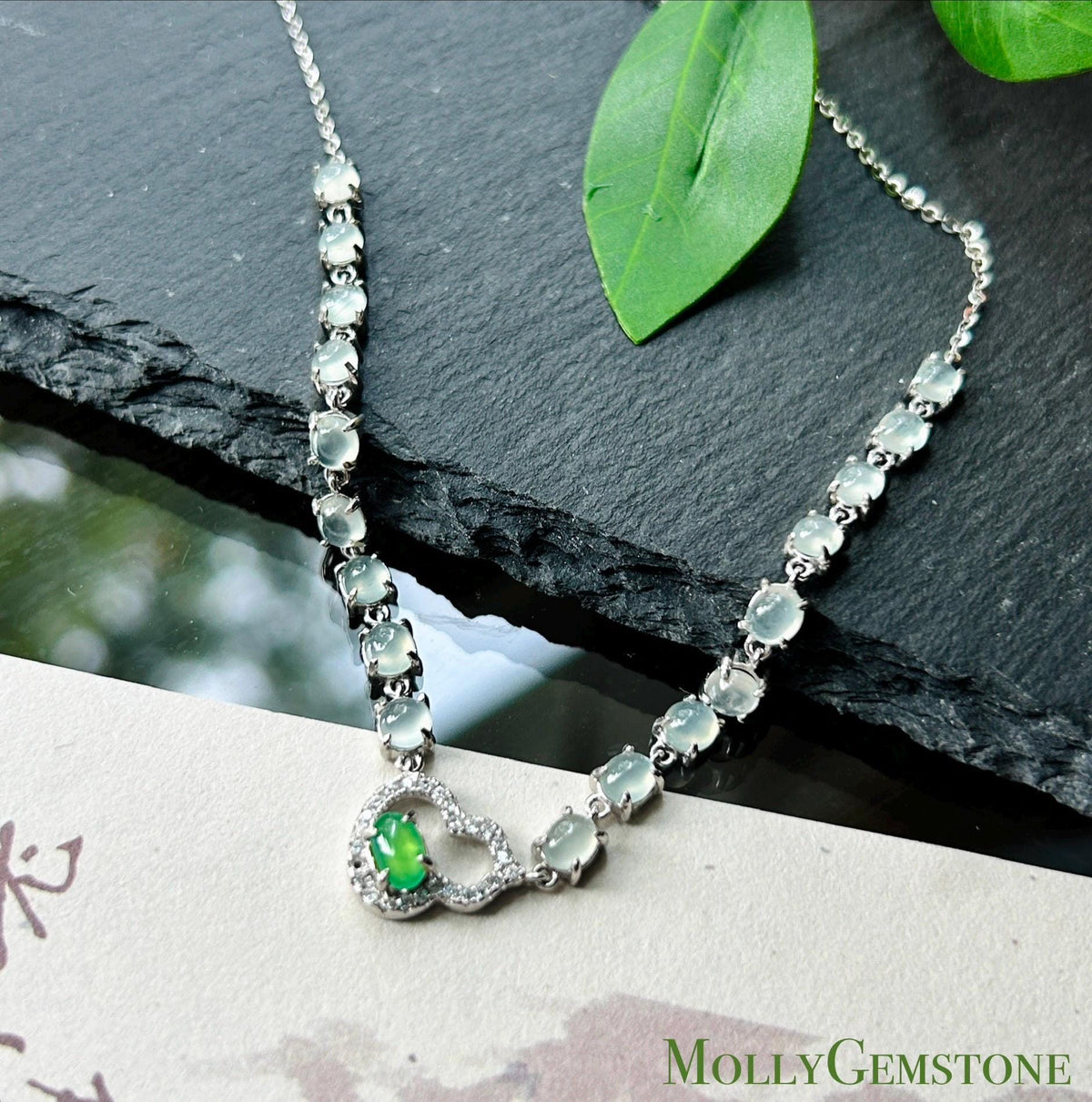 Certified Natural Jadeite Cabochon Hulu Necklace, Burmese Type A Highly Translucent Icy White & Vivid Green Jade, 925 Sterling Silver
