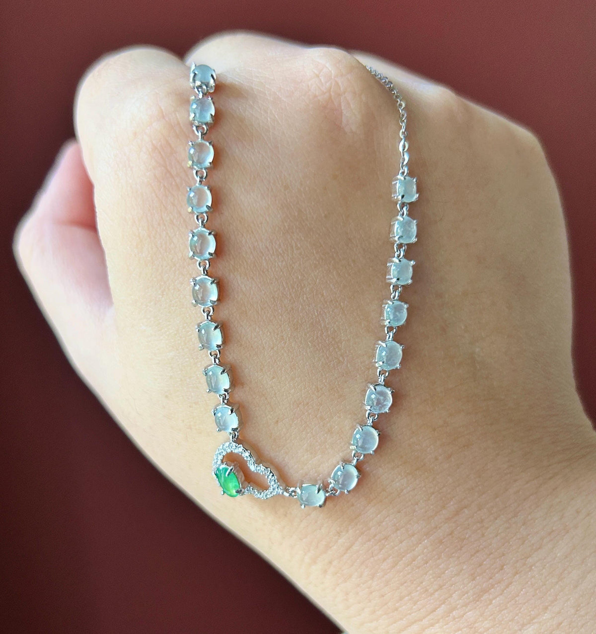 Certified Natural Jadeite Cabochon Hulu Necklace, Burmese Type A Highly Translucent Icy White & Vivid Green Jade, 925 Sterling Silver