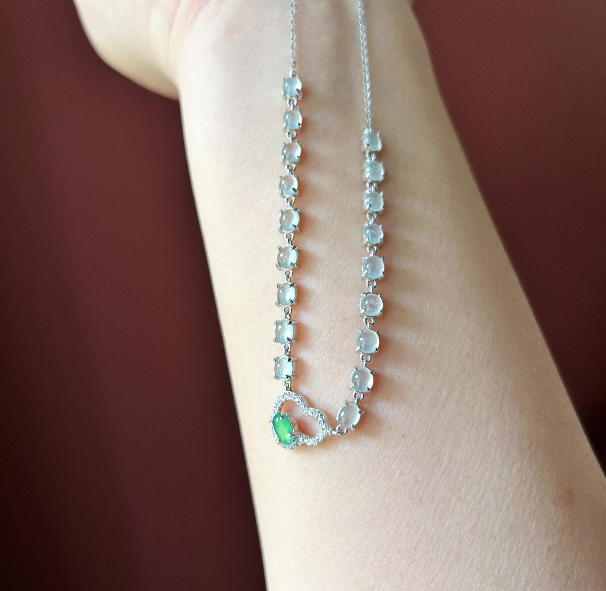 Certified Natural Jadeite Cabochon Hulu Necklace, Burmese Type A Highly Translucent Icy White & Vivid Green Jade, 925 Sterling Silver