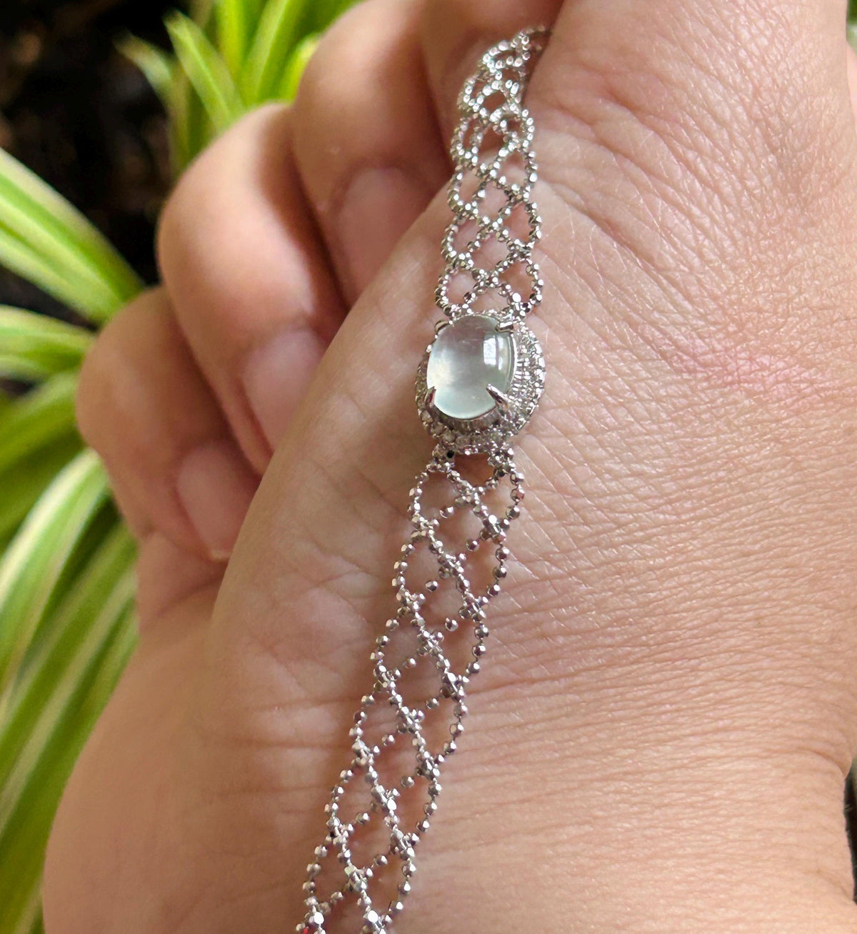 Certified Natural Jadeite Lace-Inspired Bracelet, Burmese Type A Highly Translucent Icy White Jade Cabochon, 925 Sterling Silver