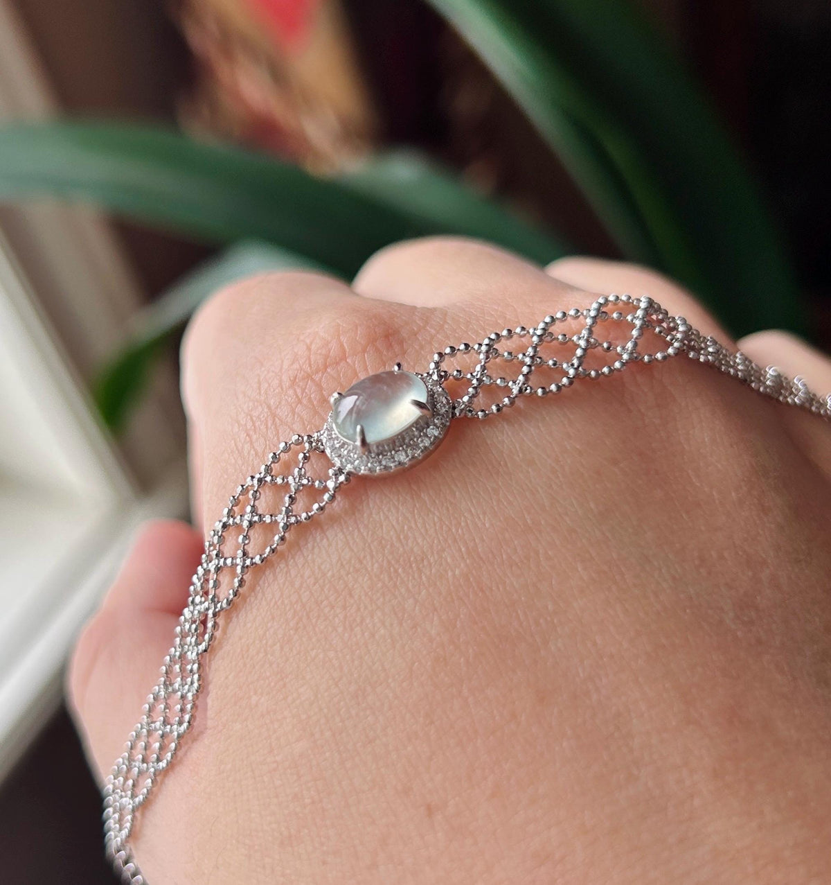 Certified Natural Jadeite Lace-Inspired Bracelet, Burmese Type A Highly Translucent Icy White Jade Cabochon, 925 Sterling Silver