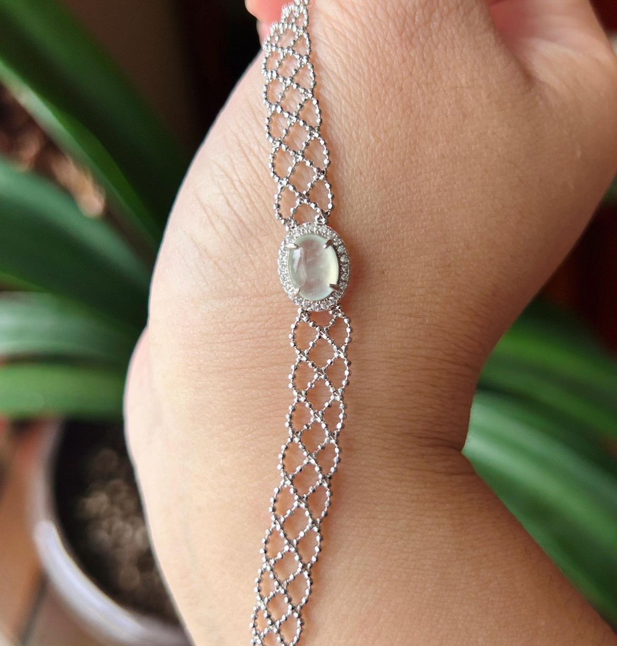 Certified Natural Jadeite Lace-Inspired Bracelet, Burmese Type A Highly Translucent Icy White Jade Cabochon, 925 Sterling Silver