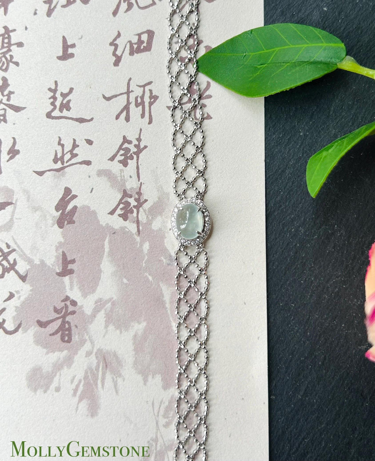 Certified Natural Jadeite Lace-Inspired Bracelet, Burmese Type A Highly Translucent Icy White Jade Cabochon, 925 Sterling Silver