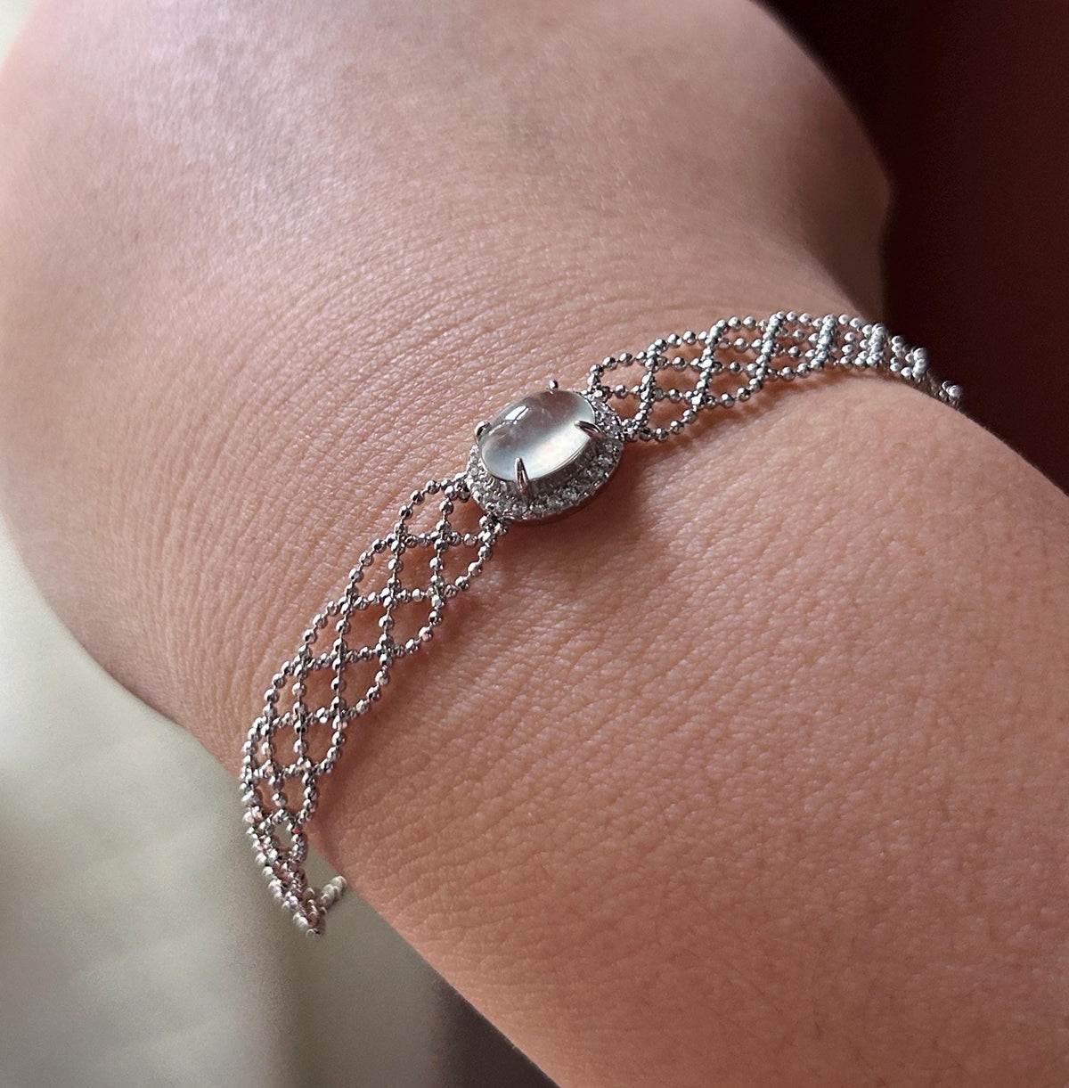 Certified Natural Jadeite Lace-Inspired Bracelet, Burmese Type A Highly Translucent Icy White Jade Cabochon, 925 Sterling Silver