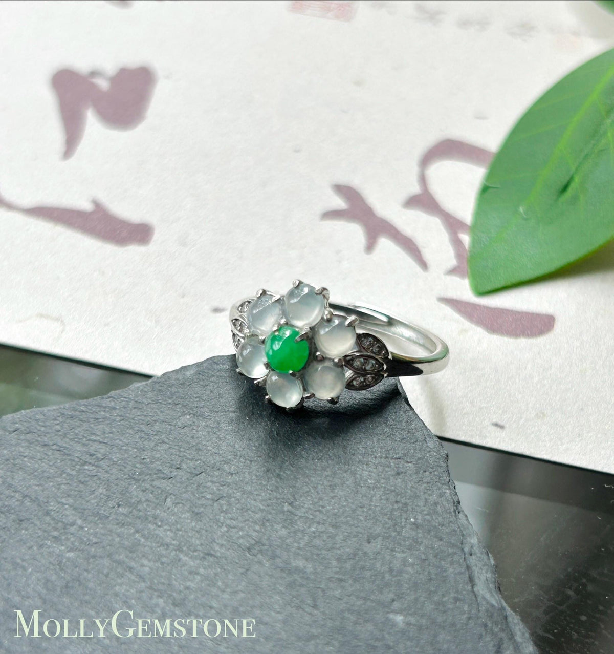 Certified Natural Jadeite Multi-Cabochon Flower Adjustable Ring Burmese Type A High Translucency Icy Green & White Jade Sterling Silver