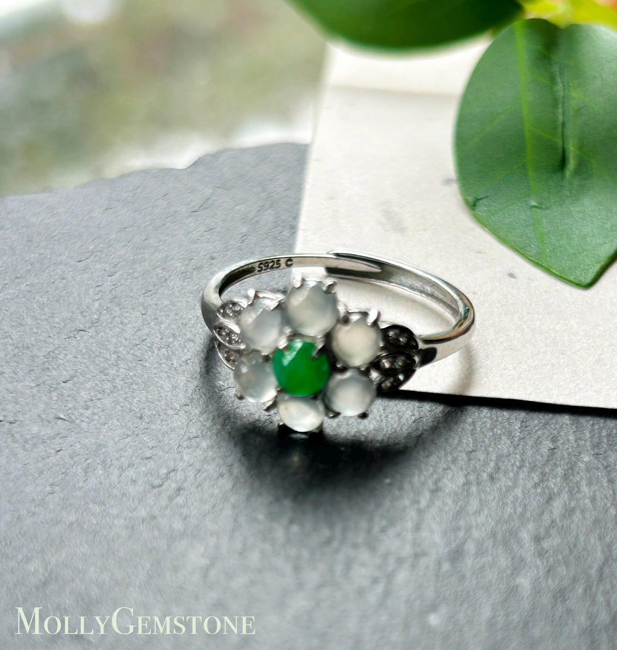 Certified Natural Jadeite Multi-Cabochon Flower Adjustable Ring Burmese Type A High Translucency Icy Green & White Jade Sterling Silver