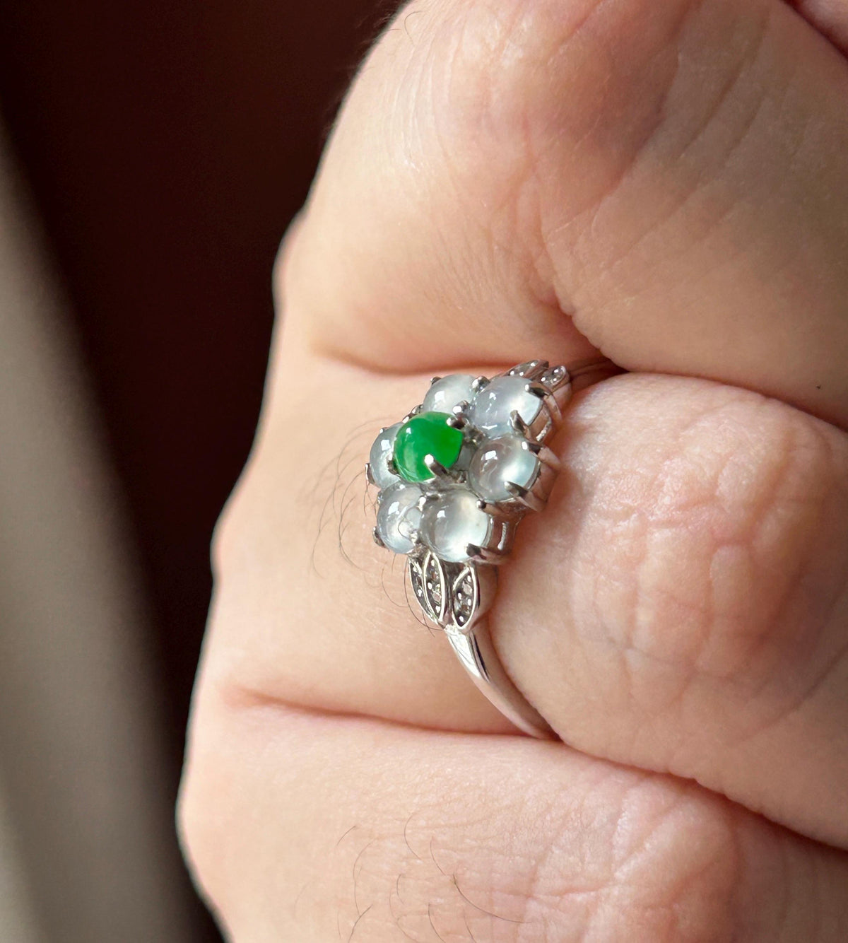Certified Natural Jadeite Multi-Cabochon Flower Adjustable Ring Burmese Type A High Translucency Icy Green & White Jade Sterling Silver