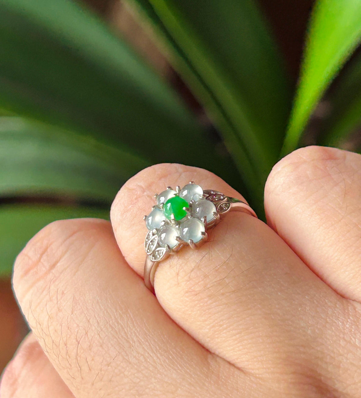 Certified Natural Jadeite Multi-Cabochon Flower Adjustable Ring Burmese Type A High Translucency Icy Green & White Jade Sterling Silver