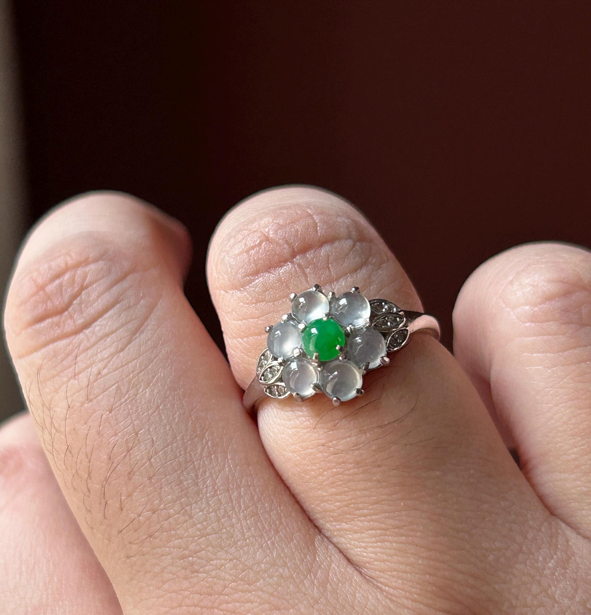 Certified Natural Jadeite Multi-Cabochon Flower Adjustable Ring Burmese Type A High Translucency Icy Green & White Jade Sterling Silver