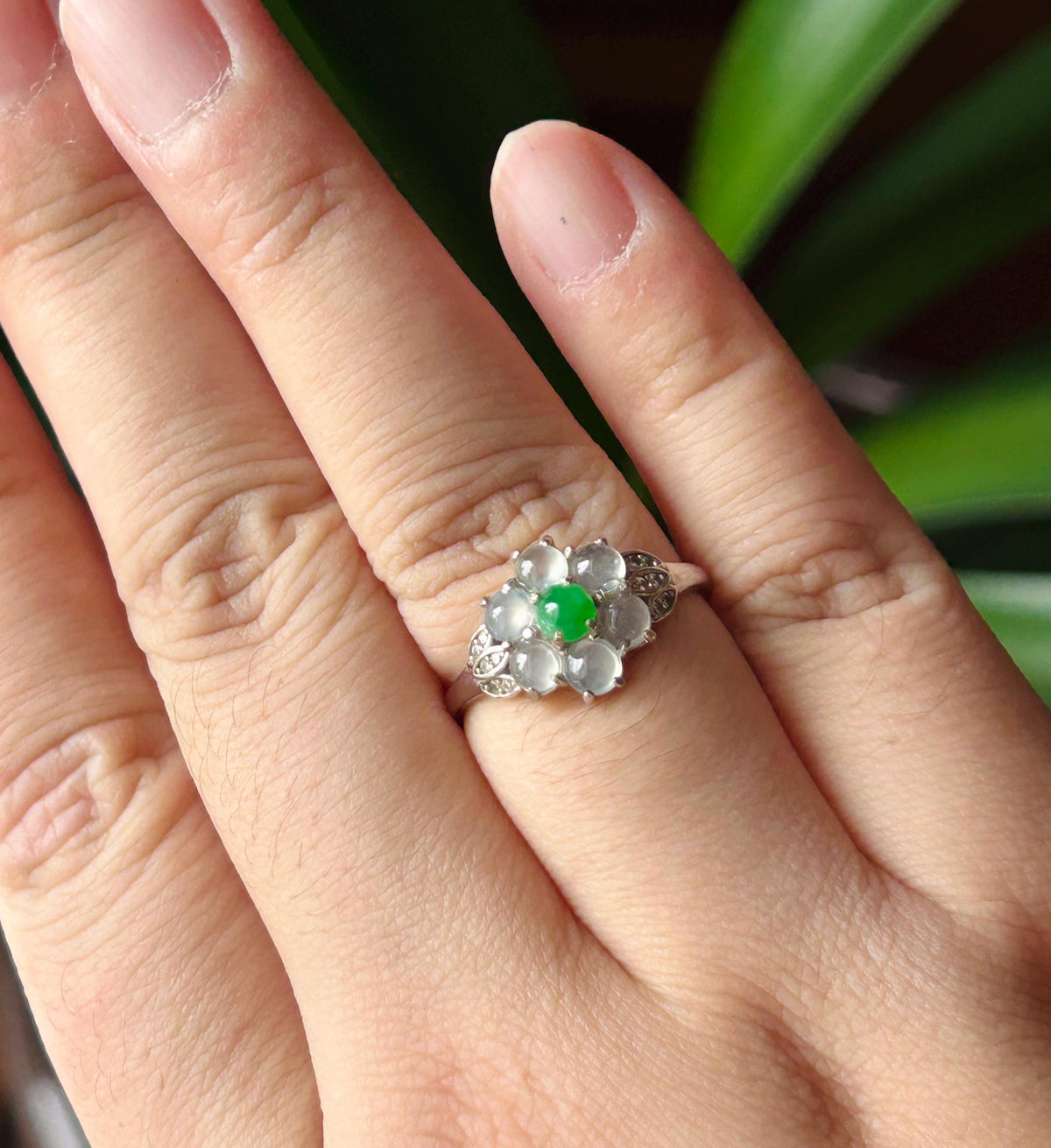 Certified Natural Jadeite Multi-Cabochon Flower Adjustable Ring Burmese Type A High Translucency Icy Green & White Jade Sterling Silver