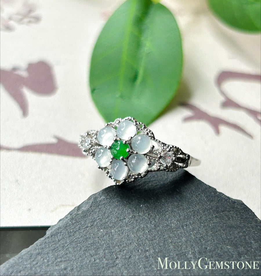Certified Natural Jadeite Lace Flower Ring, Burmese Type A Icy Green & White Jade, High Translucency Cabochons, Sterling Silver