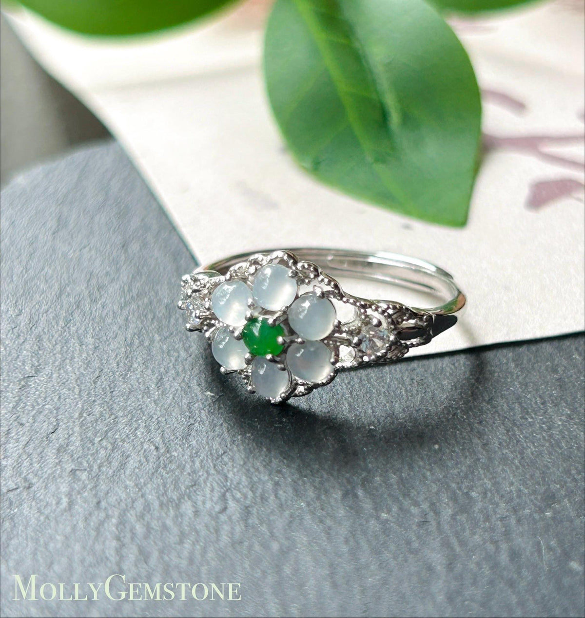 Certified Natural Jadeite Lace Flower Ring, Burmese Type A Icy Green & White Jade, High Translucency Cabochons, Sterling Silver