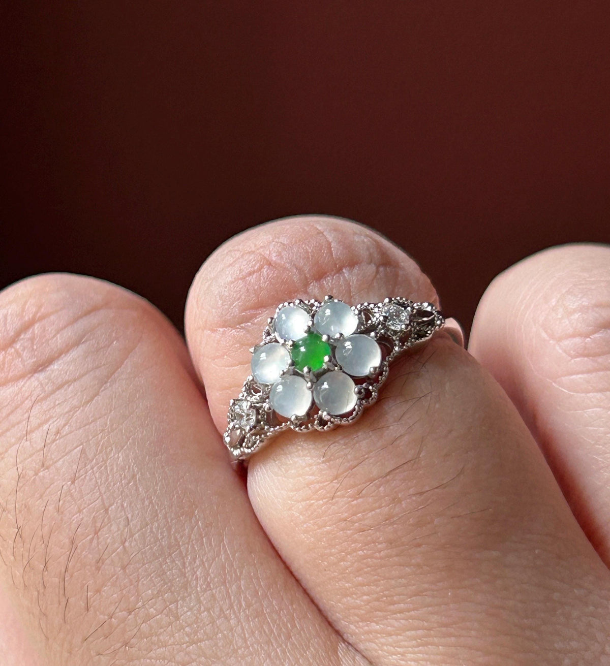Certified Natural Jadeite Lace Flower Ring, Burmese Type A Icy Green & White Jade, High Translucency Cabochons, Sterling Silver