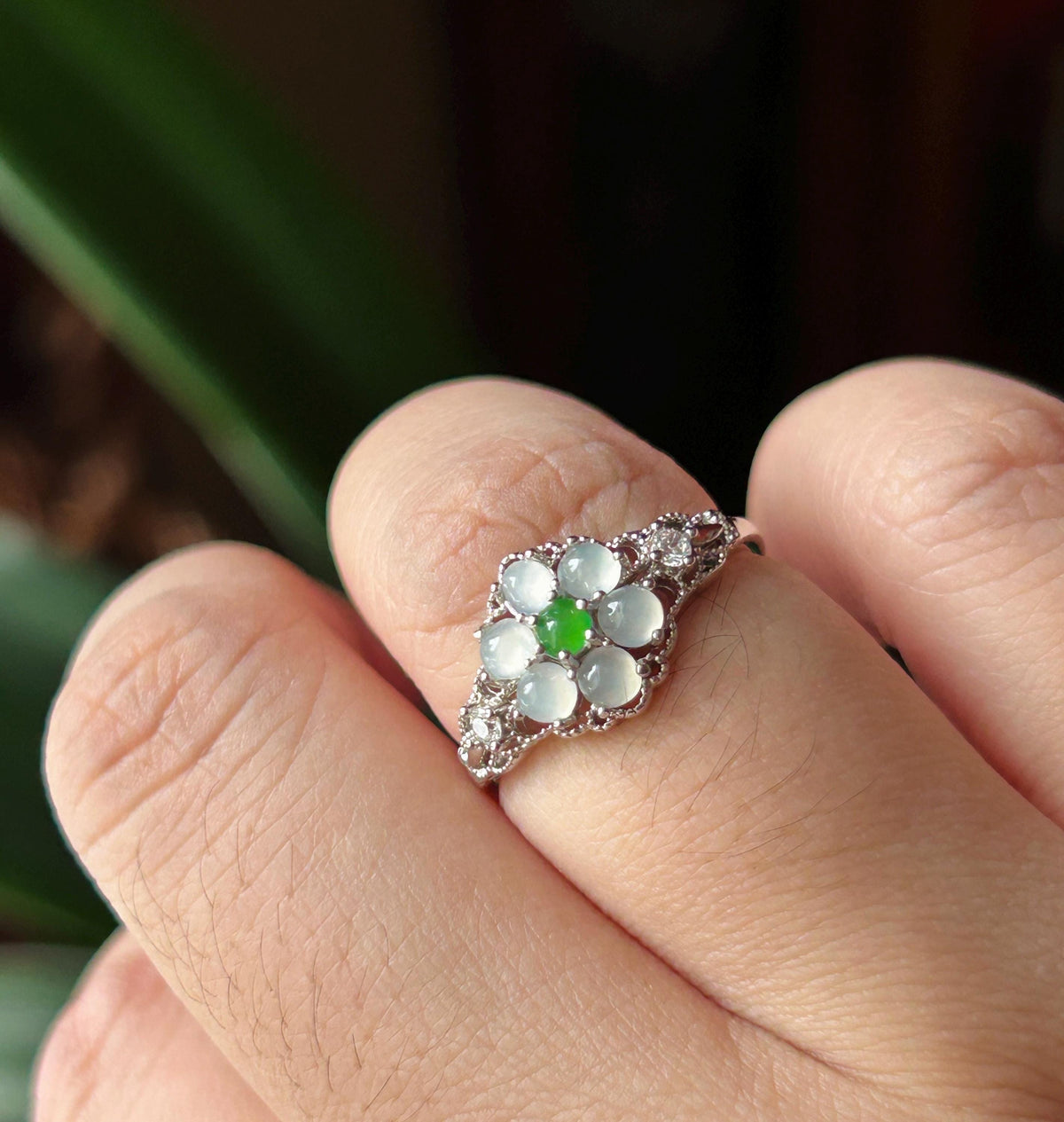 Certified Natural Jadeite Lace Flower Ring, Burmese Type A Icy Green & White Jade, High Translucency Cabochons, Sterling Silver