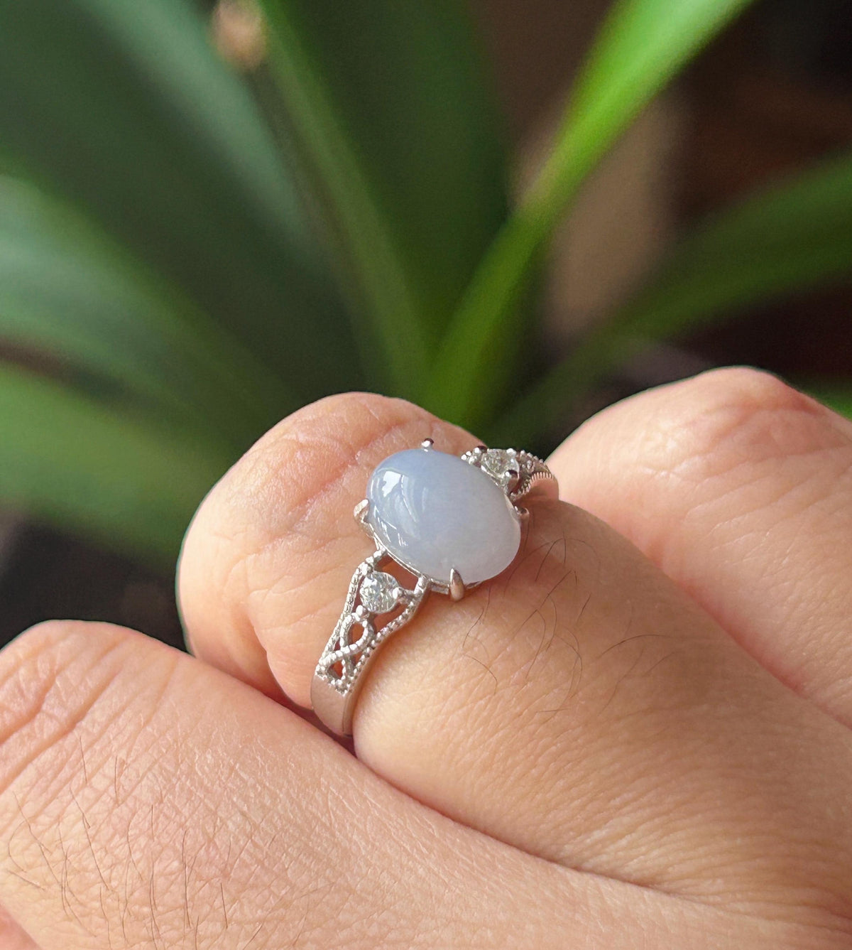 Natural Lavender Jadeite Ring | Burmese Type A Icy Translucent Lavender Purple Jade, Sterling Silver, 9 x 6.7mm Oval Cabochon