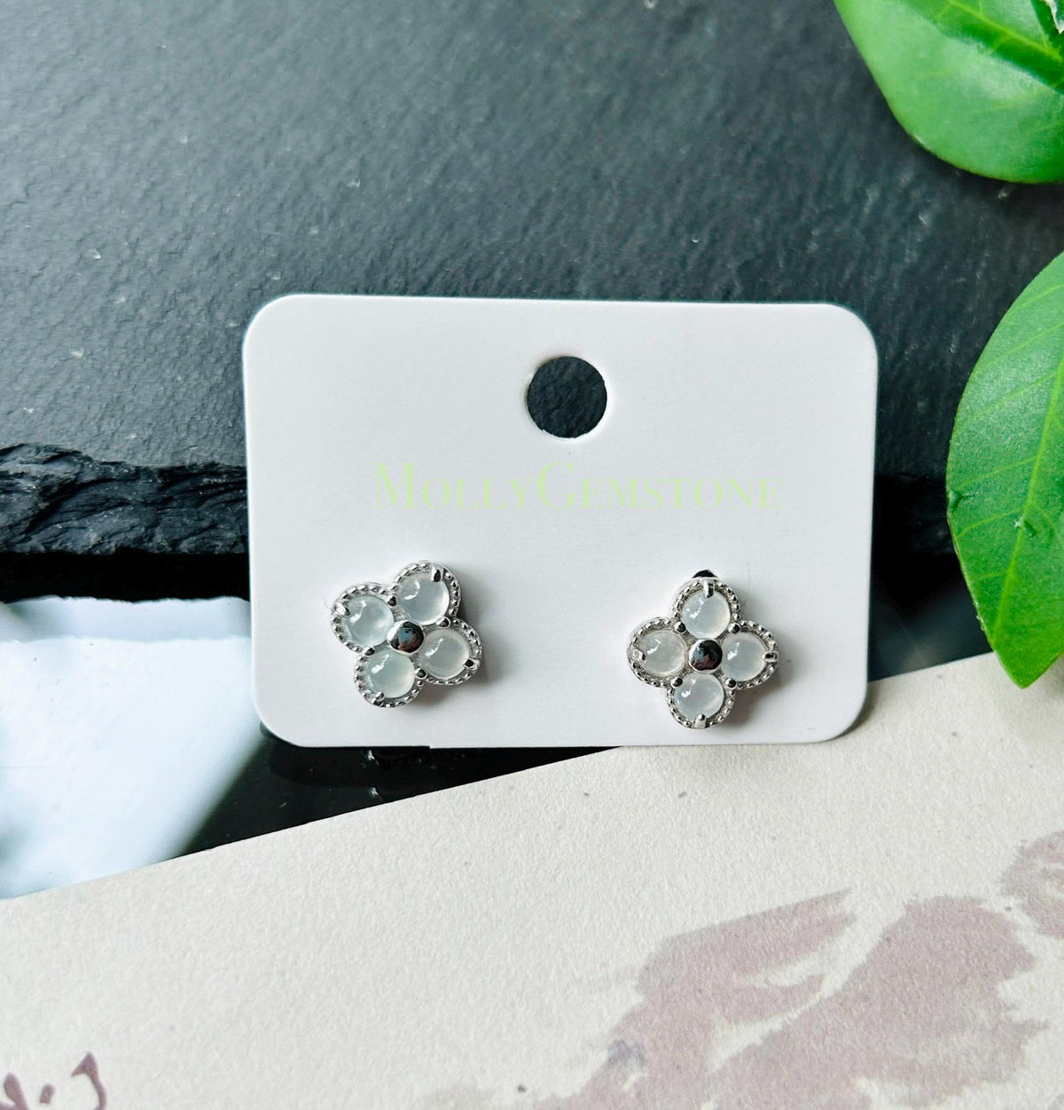 Certified Natural Jadeite Cabochon Clover Stud Earrings | Burmese Type A Highly Translucent Icy Moonlight White Jade | Sterling Silver
