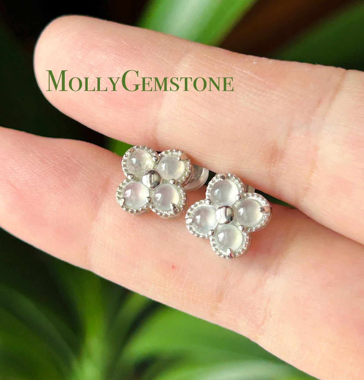 Certified Natural Jadeite Cabochon Clover Stud Earrings | Burmese Type A Highly Translucent Icy Moonlight White Jade | Sterling Silver