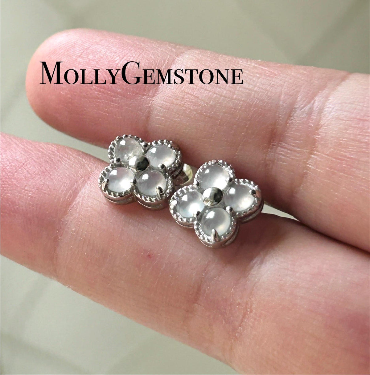 Certified Natural Jadeite Cabochon Clover Stud Earrings | Burmese Type A Highly Translucent Icy Moonlight White Jade | Sterling Silver
