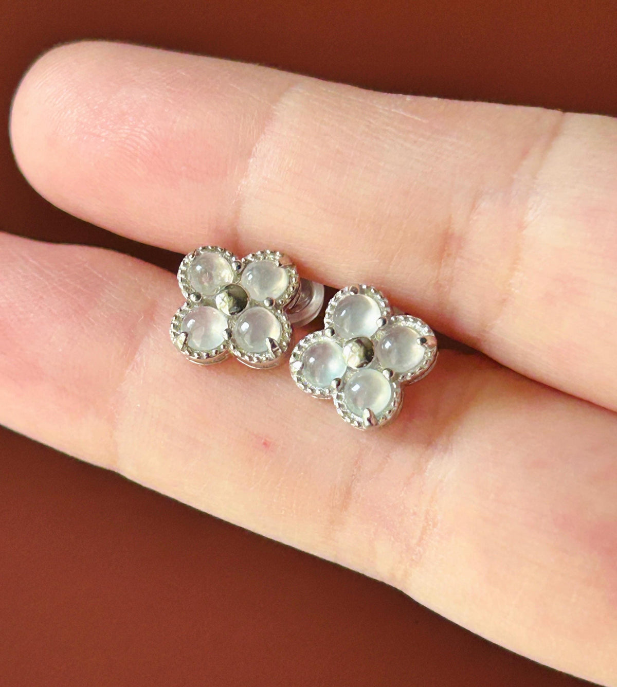 Certified Natural Jadeite Cabochon Clover Stud Earrings | Burmese Type A Highly Translucent Icy Moonlight White Jade | Sterling Silver