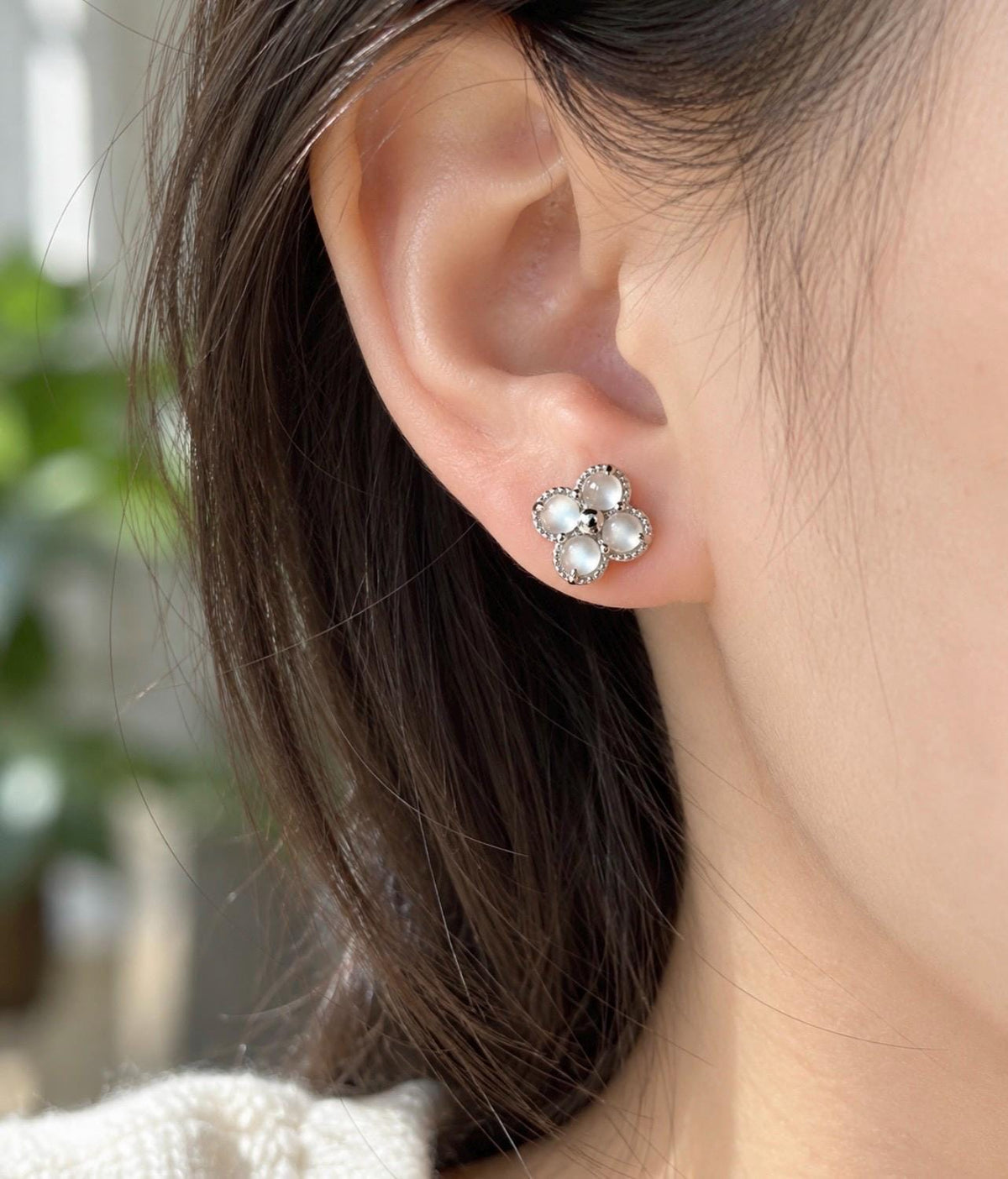 Certified Natural Jadeite Cabochon Clover Stud Earrings | Burmese Type A Highly Translucent Icy Moonlight White Jade | Sterling Silver