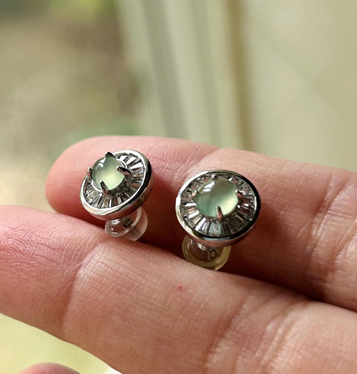 Certified Natural Jadeite Cabochon Minimalist Stud Earrings | Burmese Type A Highly Translucent Icy Pale Mint Green Jade | Sterling Silver