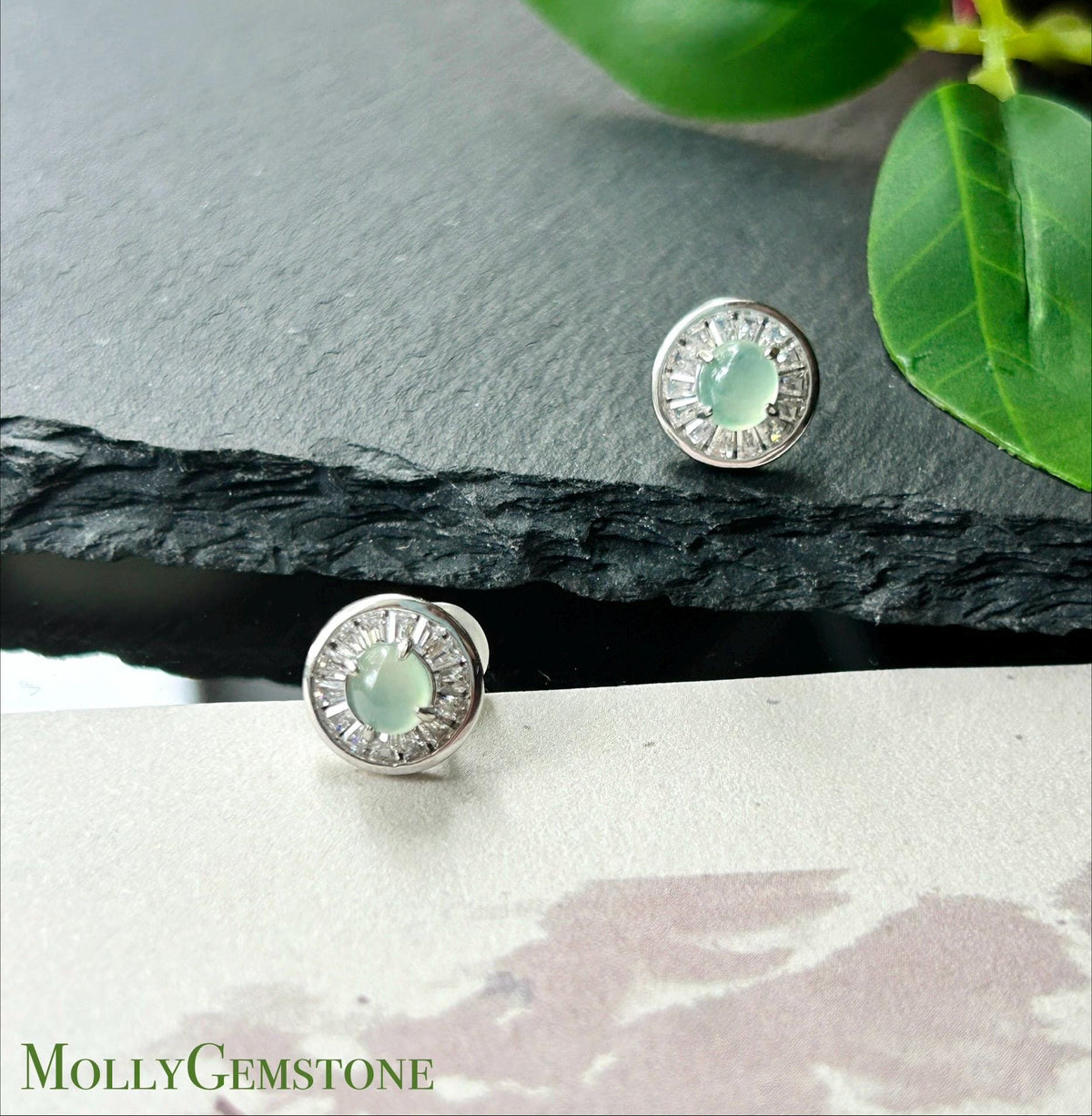 Certified Natural Jadeite Cabochon Minimalist Stud Earrings | Burmese Type A Highly Translucent Icy Pale Mint Green Jade | Sterling Silver