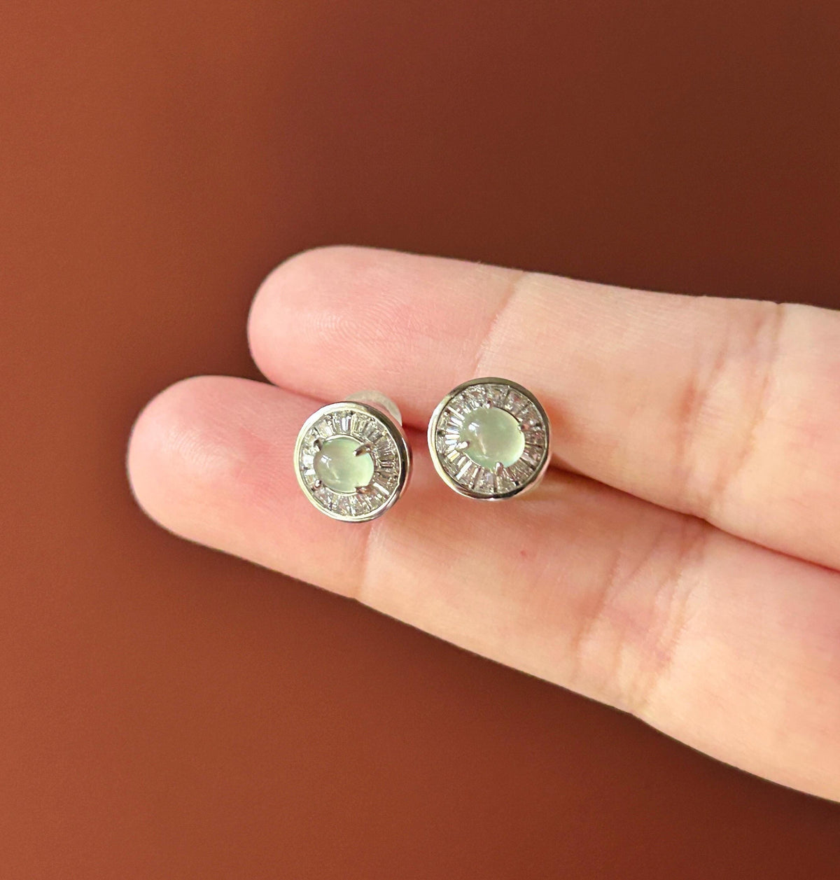 Certified Natural Jadeite Cabochon Minimalist Stud Earrings | Burmese Type A Highly Translucent Icy Pale Mint Green Jade | Sterling Silver