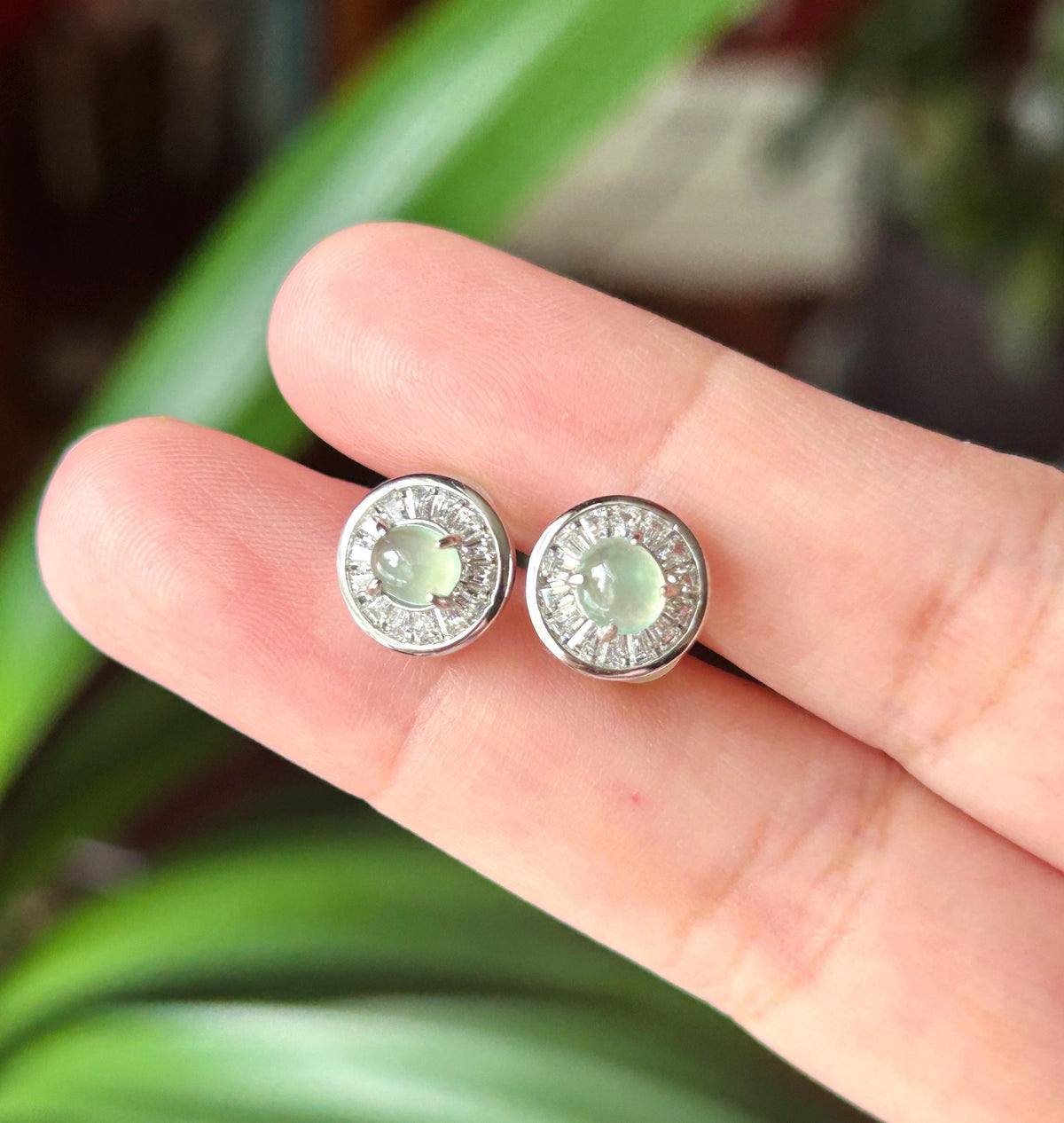 Certified Natural Jadeite Cabochon Minimalist Stud Earrings | Burmese Type A Highly Translucent Icy Pale Mint Green Jade | Sterling Silver