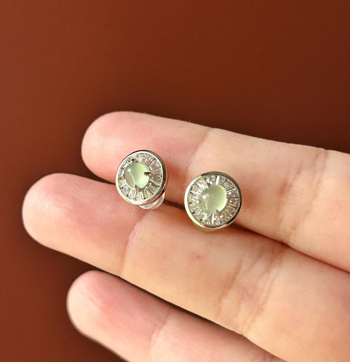 Certified Natural Jadeite Cabochon Minimalist Stud Earrings | Burmese Type A Highly Translucent Icy Pale Mint Green Jade | Sterling Silver