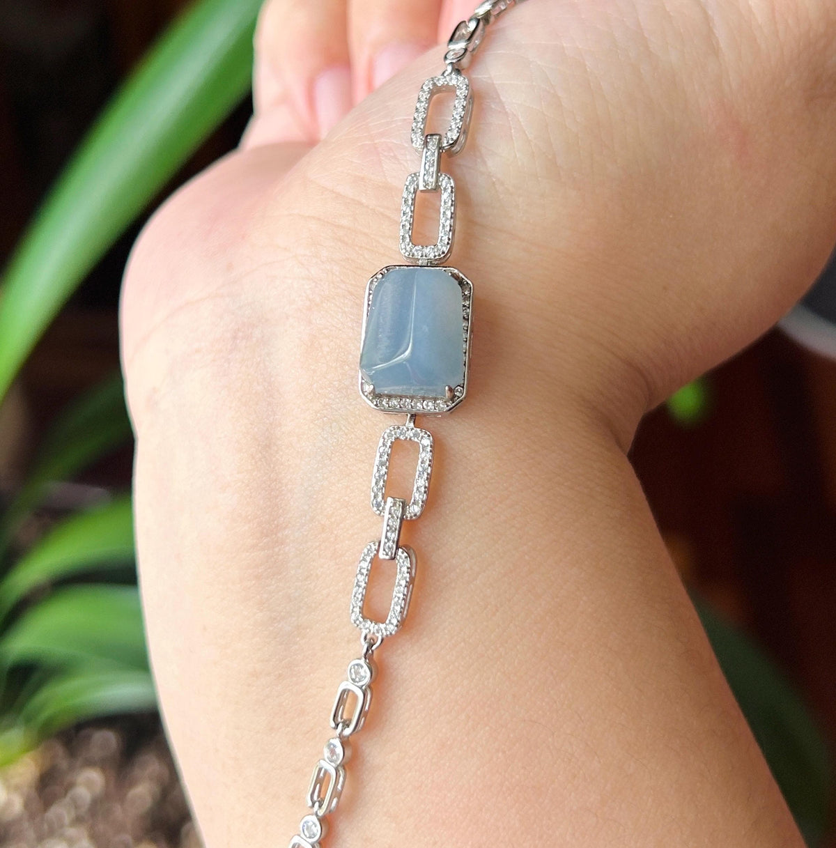 Certified Natural Jadeite Bracelet, Guatemalan Type A Highly Translucent Icy Blue-Violet Freeform Cabochon, 925 Sterling Silver