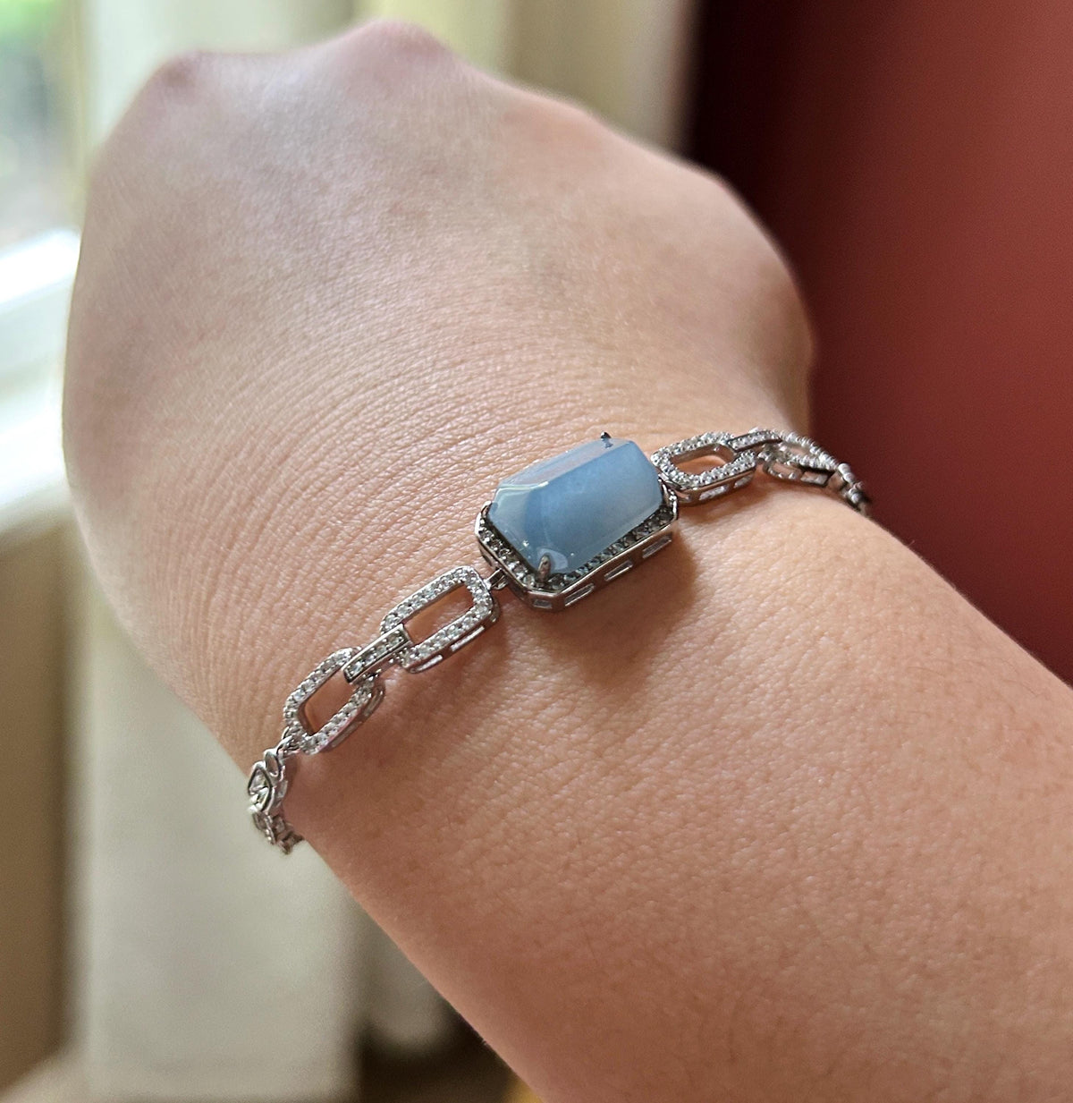 Certified Natural Jadeite Bracelet, Guatemalan Type A Highly Translucent Icy Blue-Violet Freeform Cabochon, 925 Sterling Silver