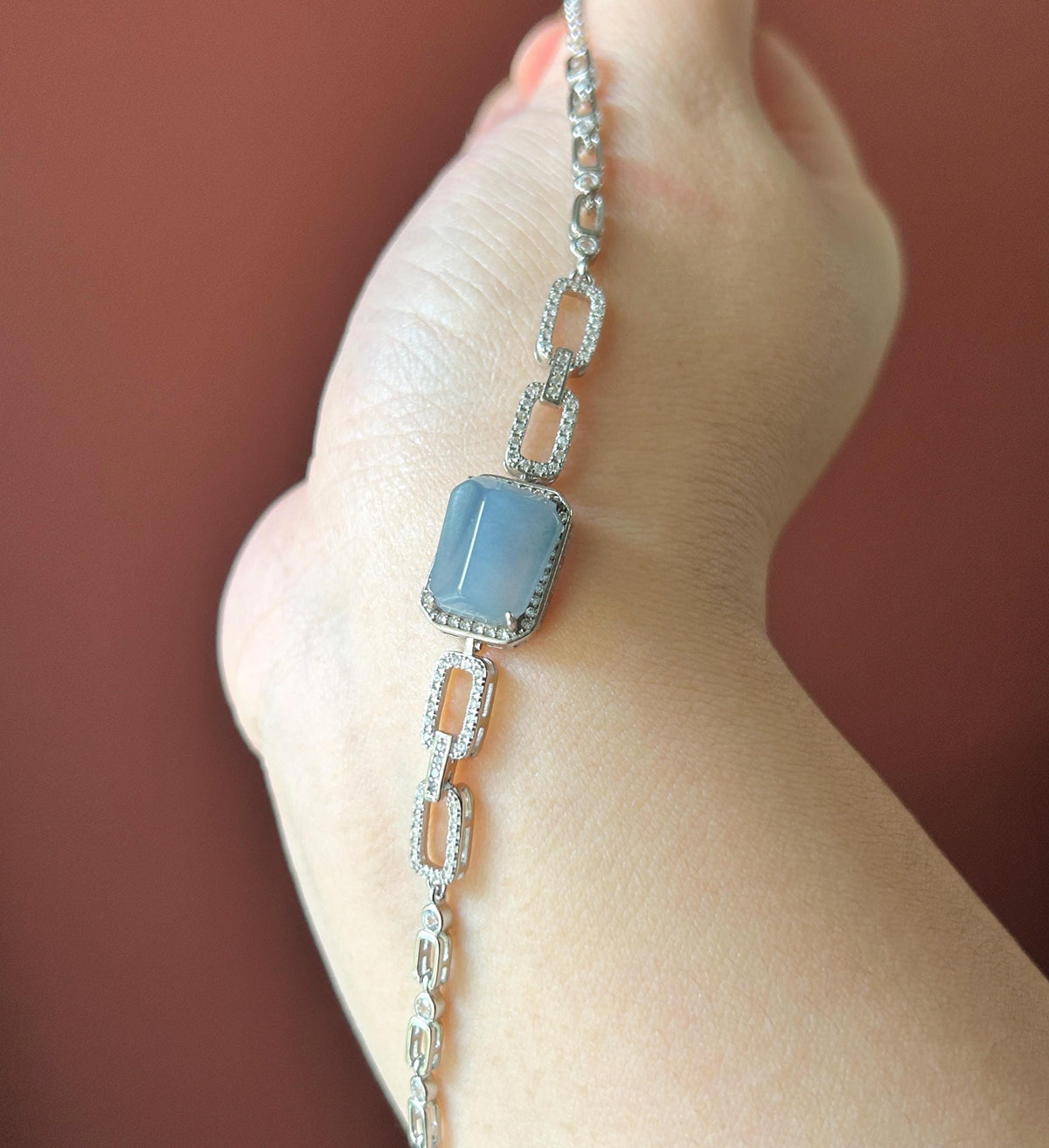 Certified Natural Jadeite Bracelet, Guatemalan Type A Highly Translucent Icy Blue-Violet Freeform Cabochon, 925 Sterling Silver