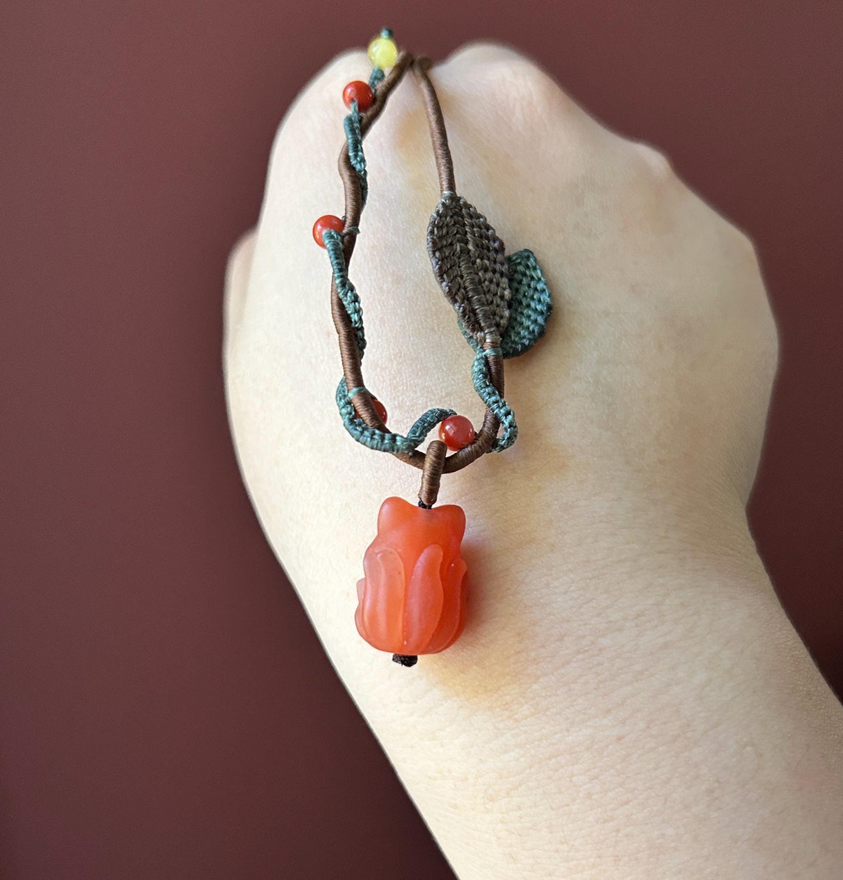 Natural Nanhong Agate Nine-Tail-Fox Pendant, Intricate Fine Handwoven Necklace, 0.4mm Wax Cord, South Red Agate