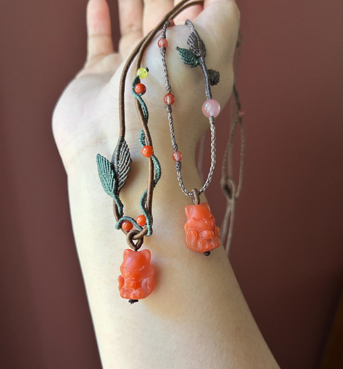 Natural Nanhong Agate Nine-Tail-Fox Pendant, Intricate Fine Handwoven Necklace, 0.4mm Wax Cord, South Red Agate