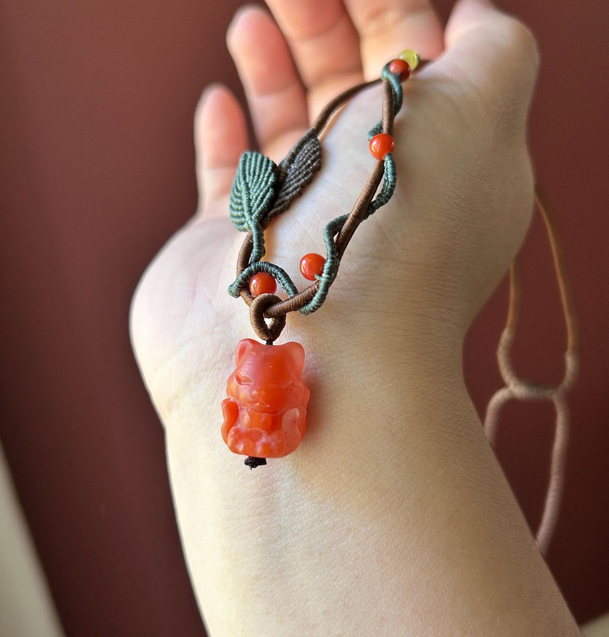 Natural Nanhong Agate Nine-Tail-Fox Pendant, Intricate Fine Handwoven Necklace, 0.4mm Wax Cord, South Red Agate