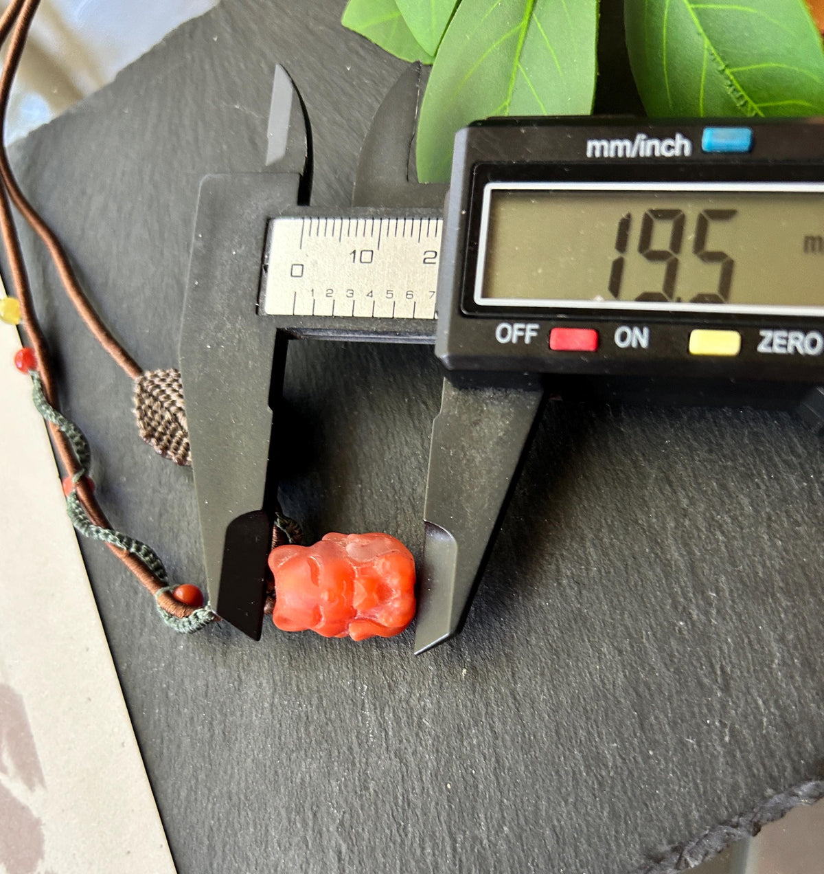 Natural Nanhong Agate Nine-Tail-Fox Pendant, Intricate Fine Handwoven Necklace, 0.4mm Wax Cord, South Red Agate