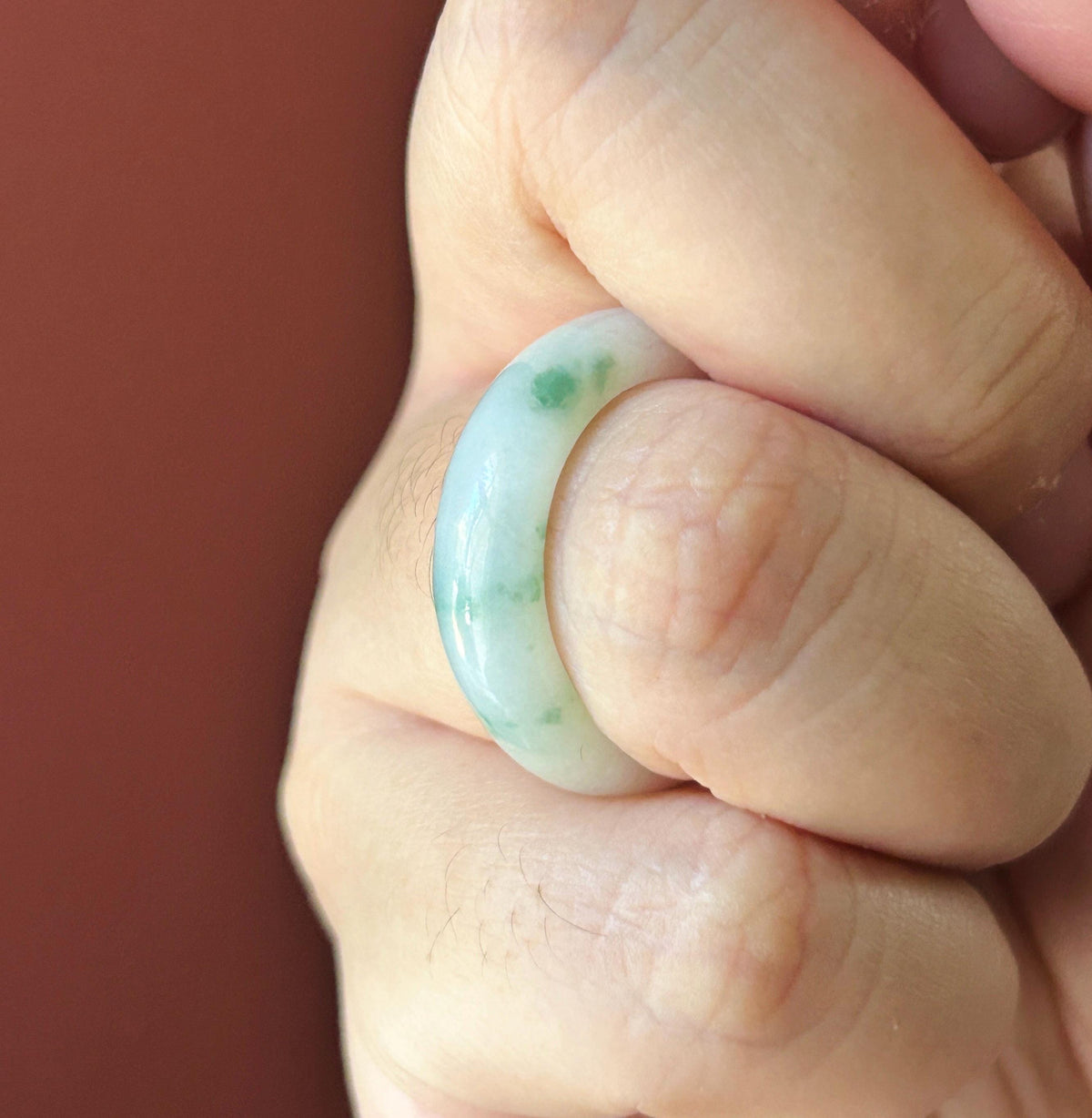 Certified Natural Jadeite Band Ring | Burmese Type A Fine Glutinous Icy White Base Green Floral Jade |Moss in Snow| US 9 |19.3mm