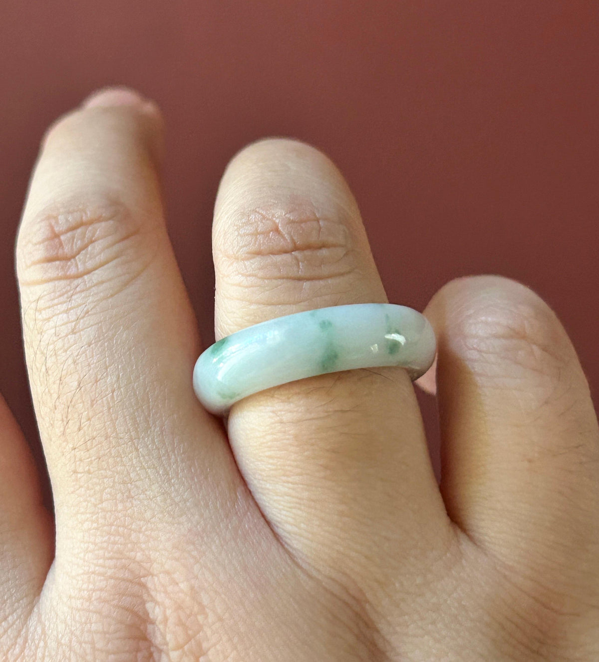 Certified Natural Jadeite Band Ring | Burmese Type A Fine Glutinous Icy White Base Green Floral Jade |Moss in Snow| US 9 |19.3mm