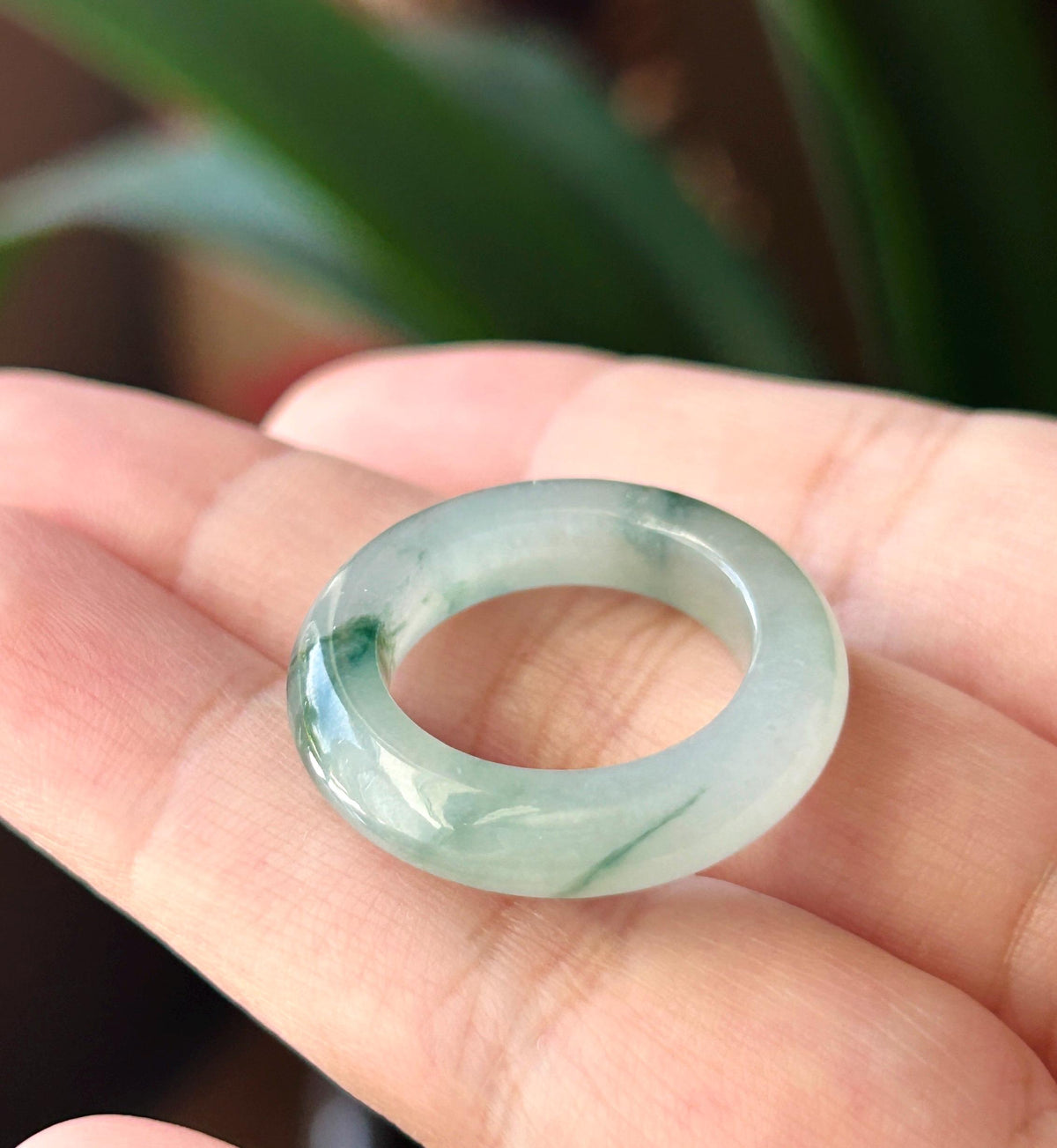 Certified Natural Jadeite Band Ring | Burmese Type A Highly Translucent Icy Bluish Green Floral Jade | US 7 |17.1mm