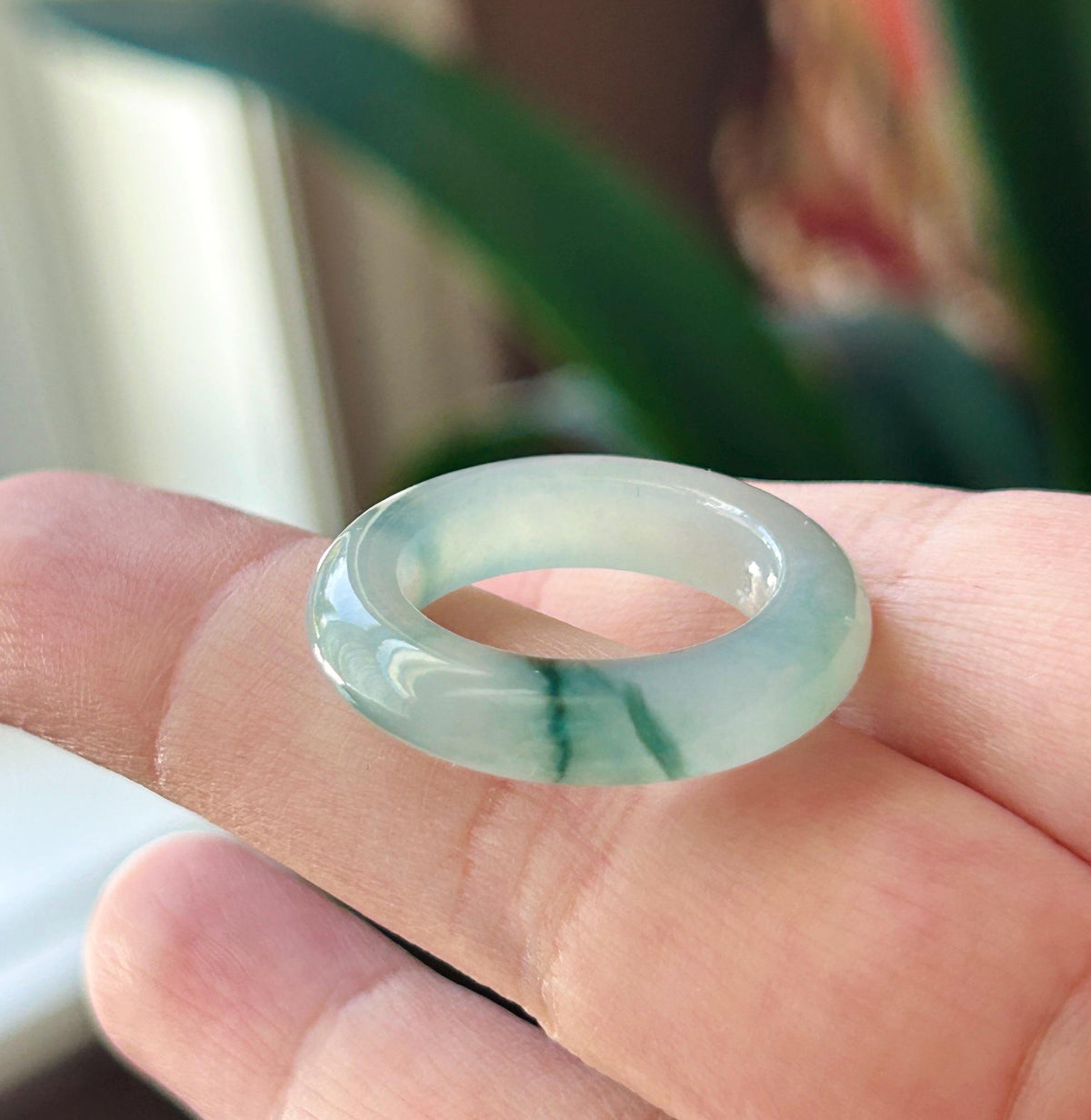 Certified Natural Jadeite Band Ring | Burmese Type A Highly Translucent Icy Bluish Green Floral Jade | US 7 |17.1mm
