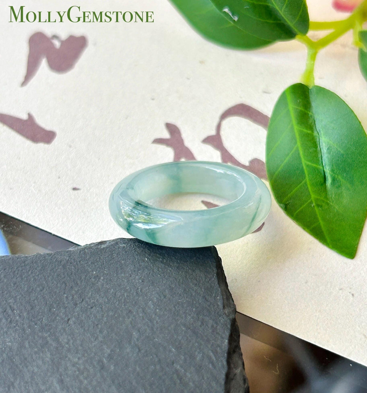 Certified Natural Jadeite Band Ring | Burmese Type A Highly Translucent Icy Bluish Green Floral Jade | US 7 |17.1mm
