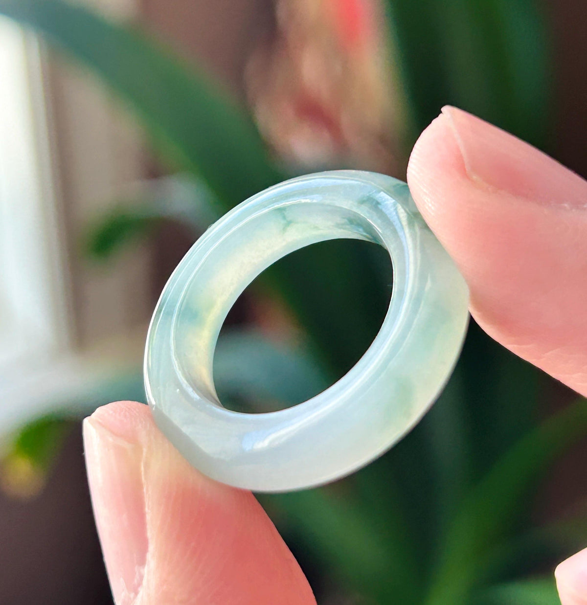 Certified Natural Jadeite Band Ring | Burmese Type A Highly Translucent Icy Bluish Green Floral Jade | US 7 |17.1mm