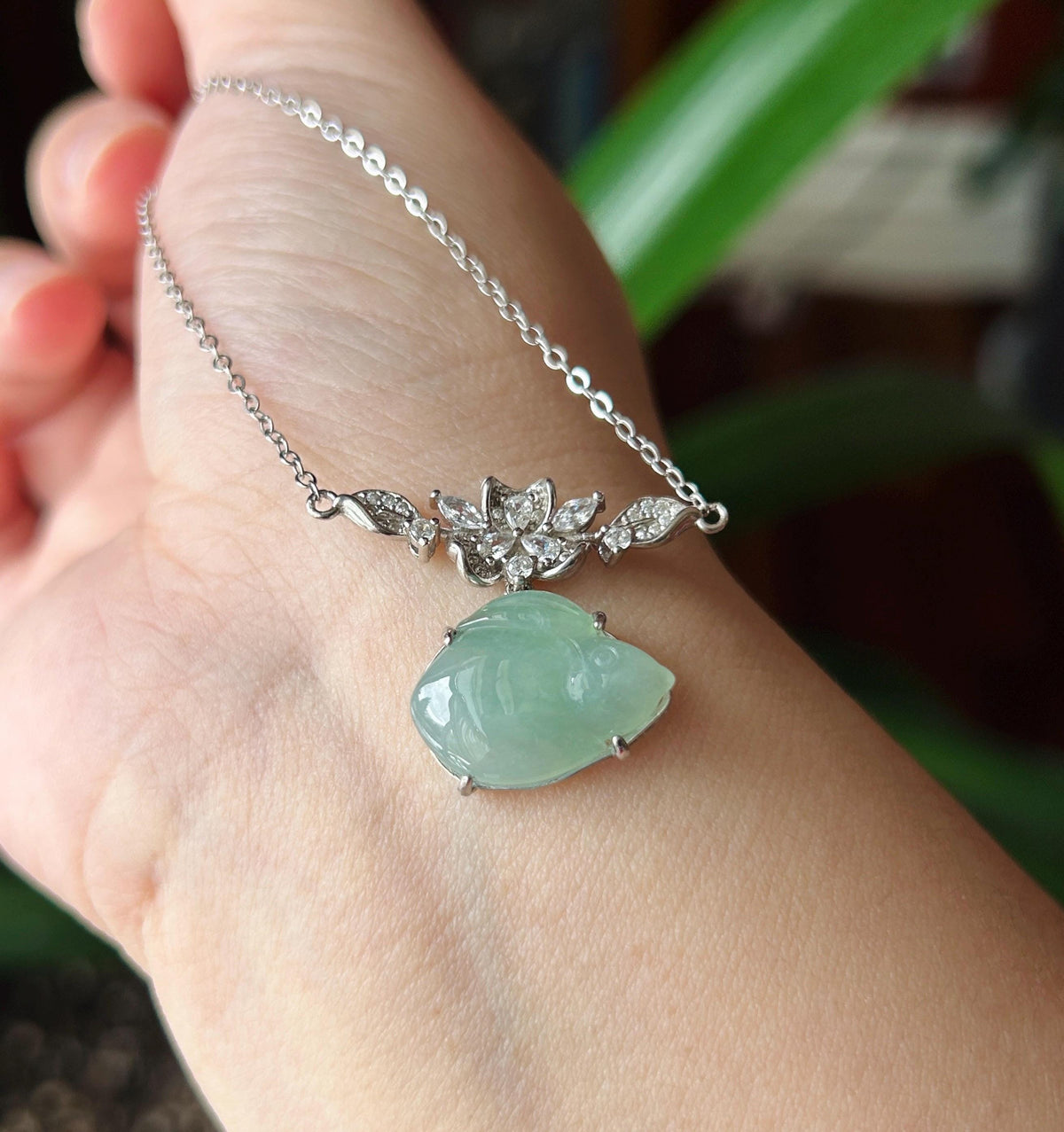 Natural Jadeite Rabbit Necklace, Burmese Type A Translucent Bluish Green Jade, Icy Glutinous Texture, Integrated 925 Sterling Silver Chain