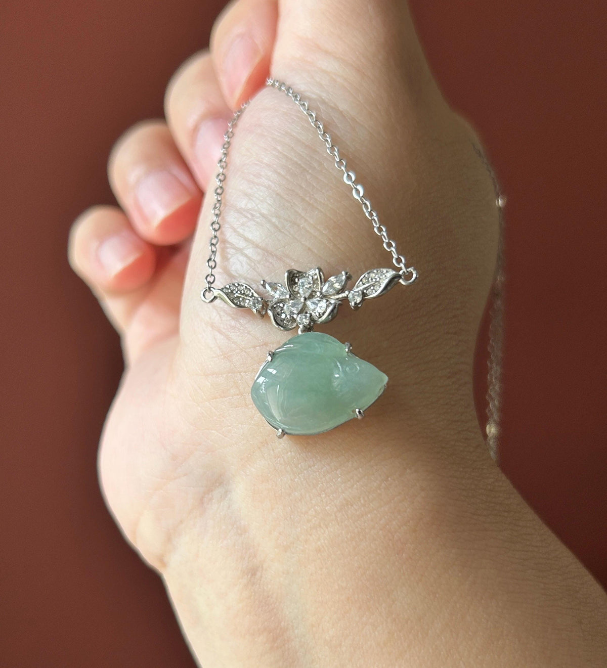 Natural Jadeite Rabbit Necklace, Burmese Type A Translucent Bluish Green Jade, Icy Glutinous Texture, Integrated 925 Sterling Silver Chain