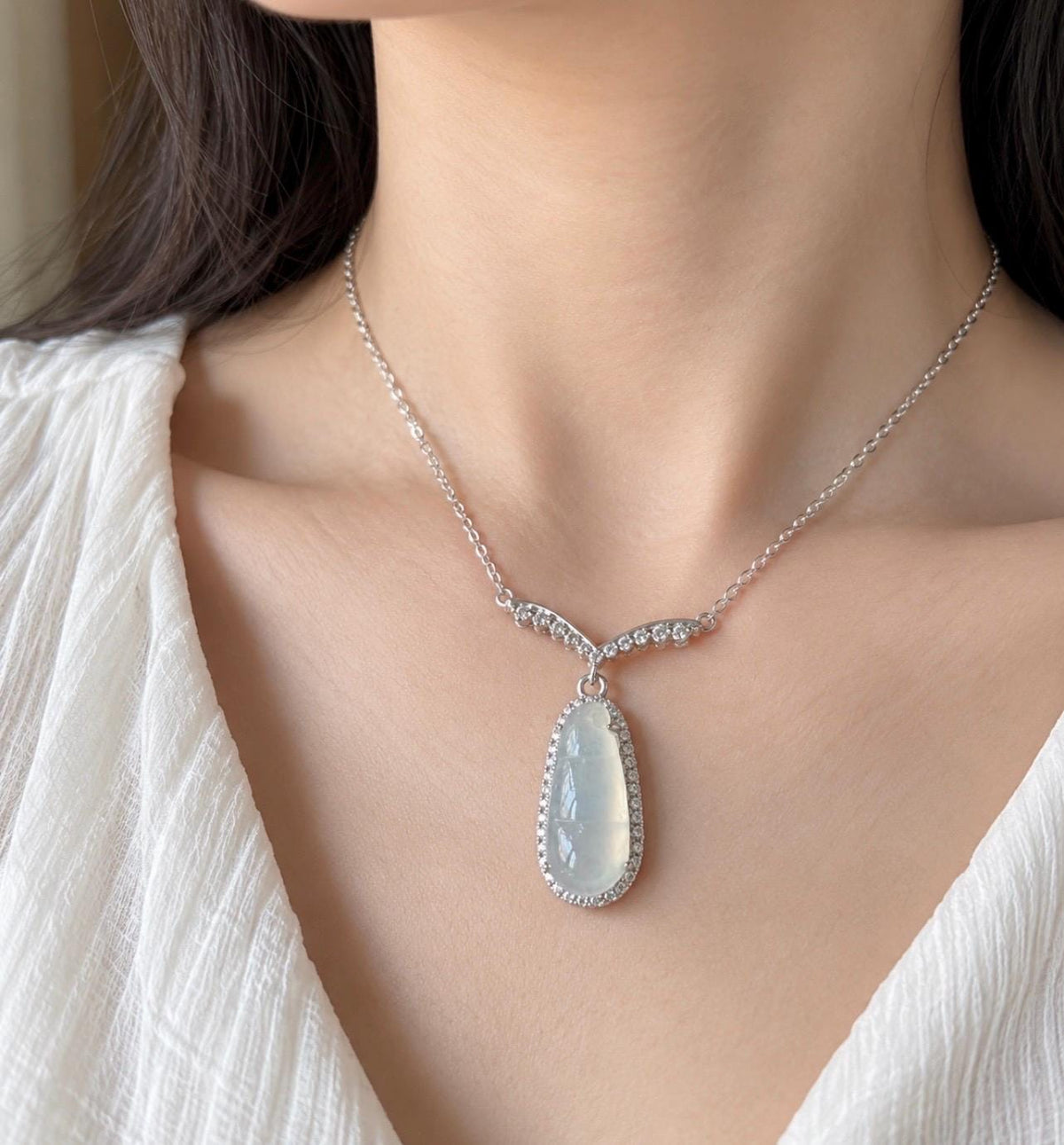 Natural Jadeite Beans Necklace, Burmese Type A Translucent Icy White Jade, Icy Glutinous Texture, Integrated 925 Sterling Silver Chain